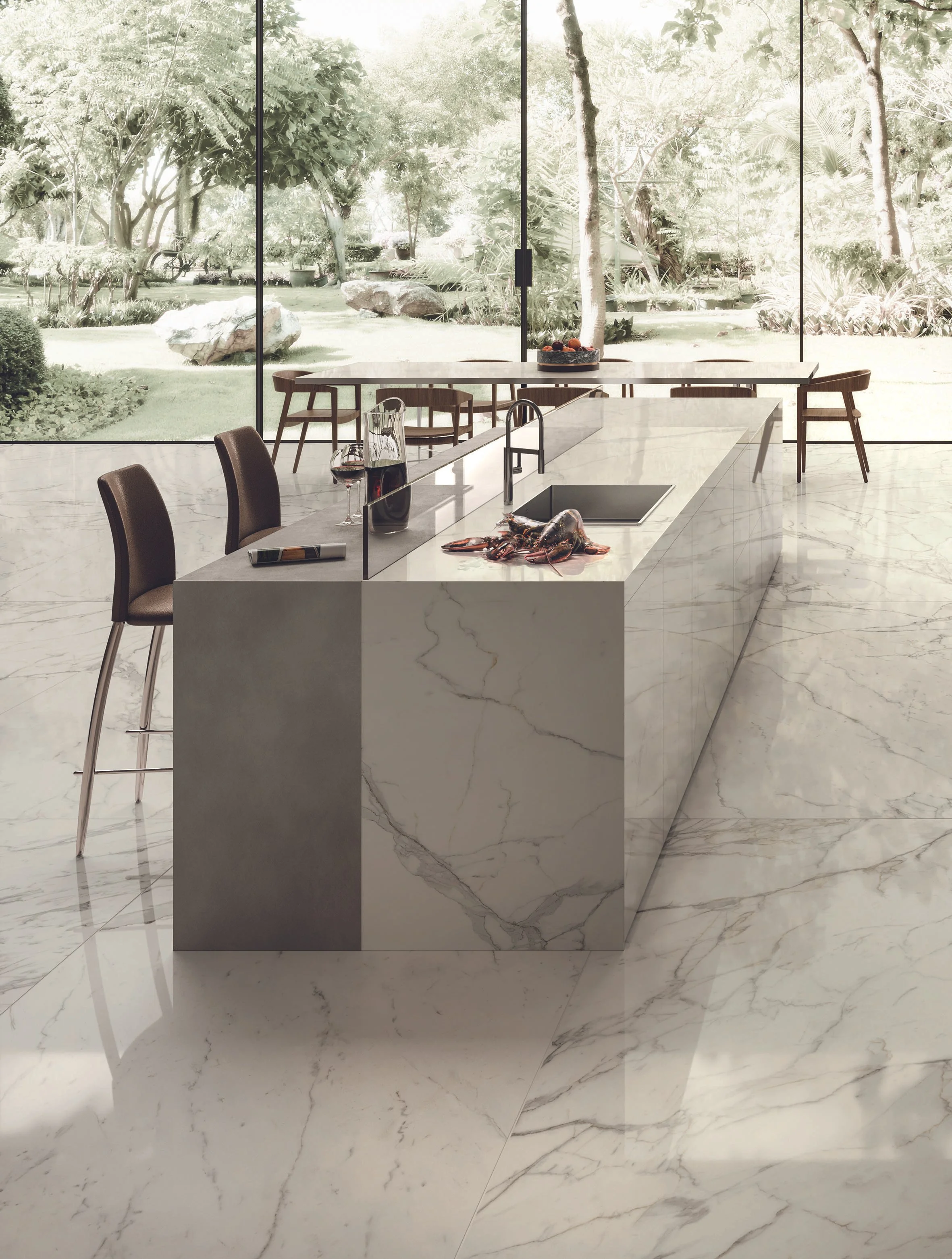 This innovative kitchen island design features a captivating dual-color scheme, seamlessly separating the seating and sink areas. The contrasting porcelain stoneware surfaces create visual interest and functional distinction, while the sleek waterfal