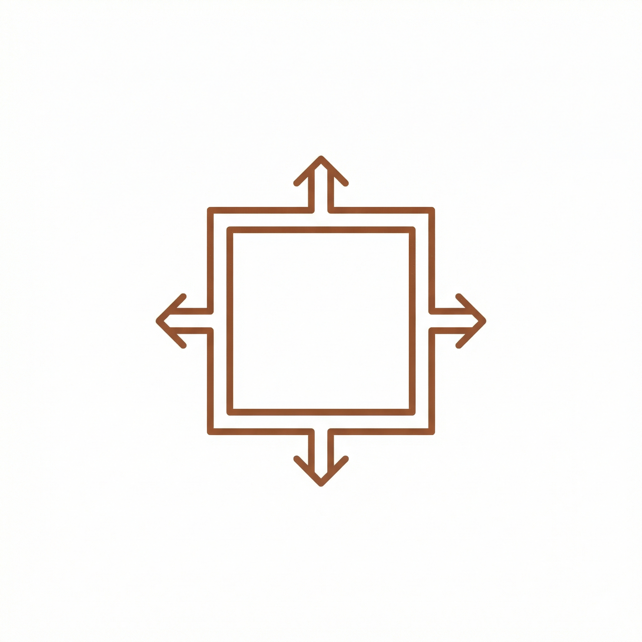 Line icon of a square with outward arrows, representing custom sizing and fit for fireplace walls.