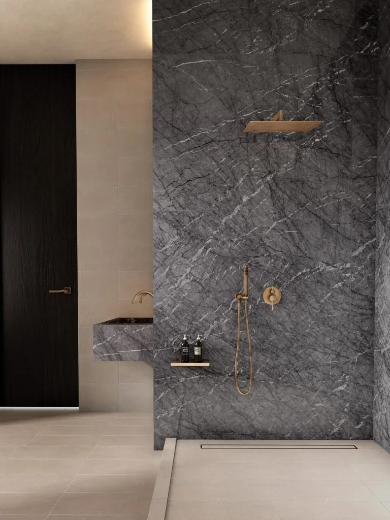Massive shower wall installation of Daltile Panoramic Porcelain Surfaces on a luxury feature wall executed by Luz Concept 5 in Sarasota.