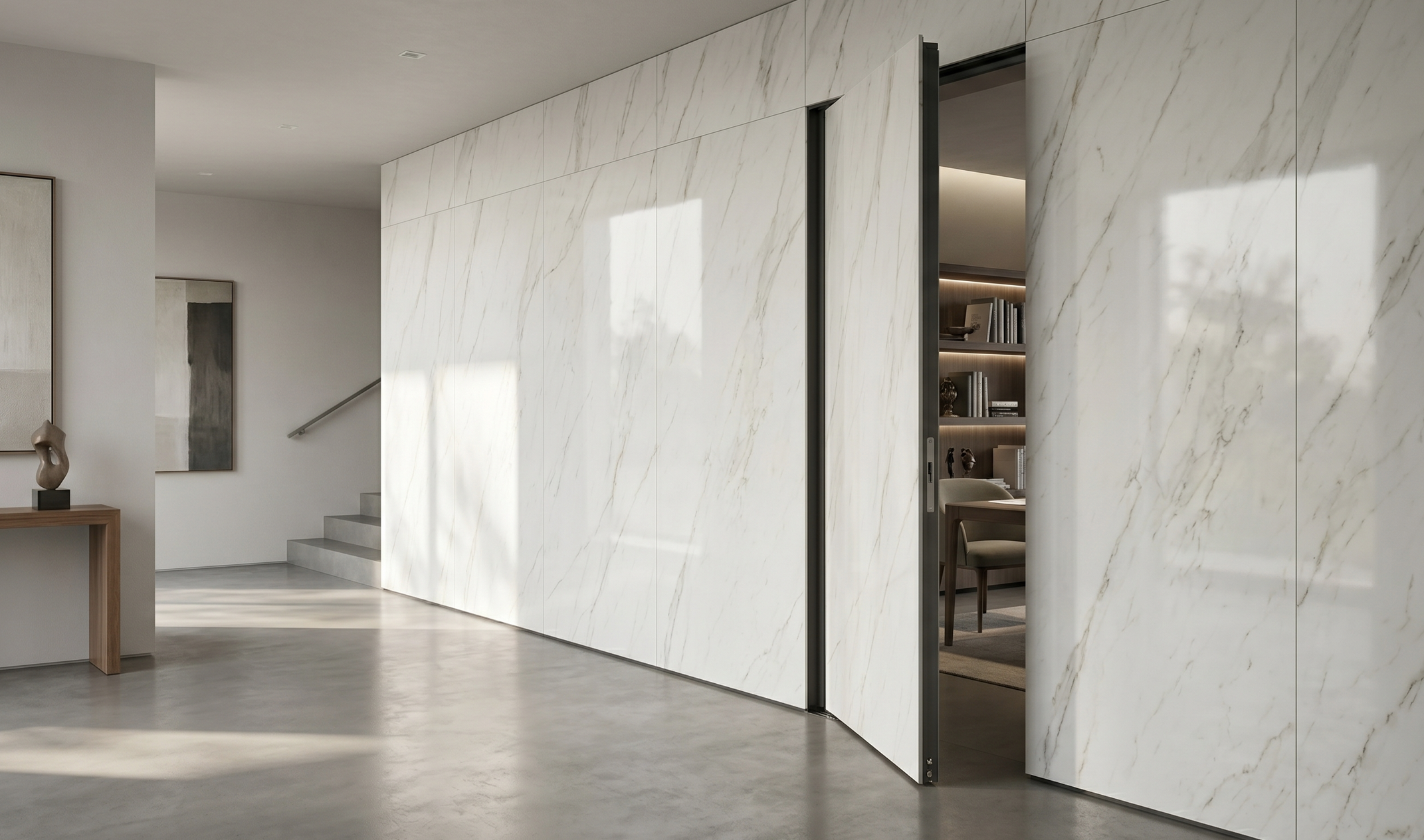 Luxury hidden door idea utilizing an infinite loop vein match pattern on ultra thin large format porcelain slabs.