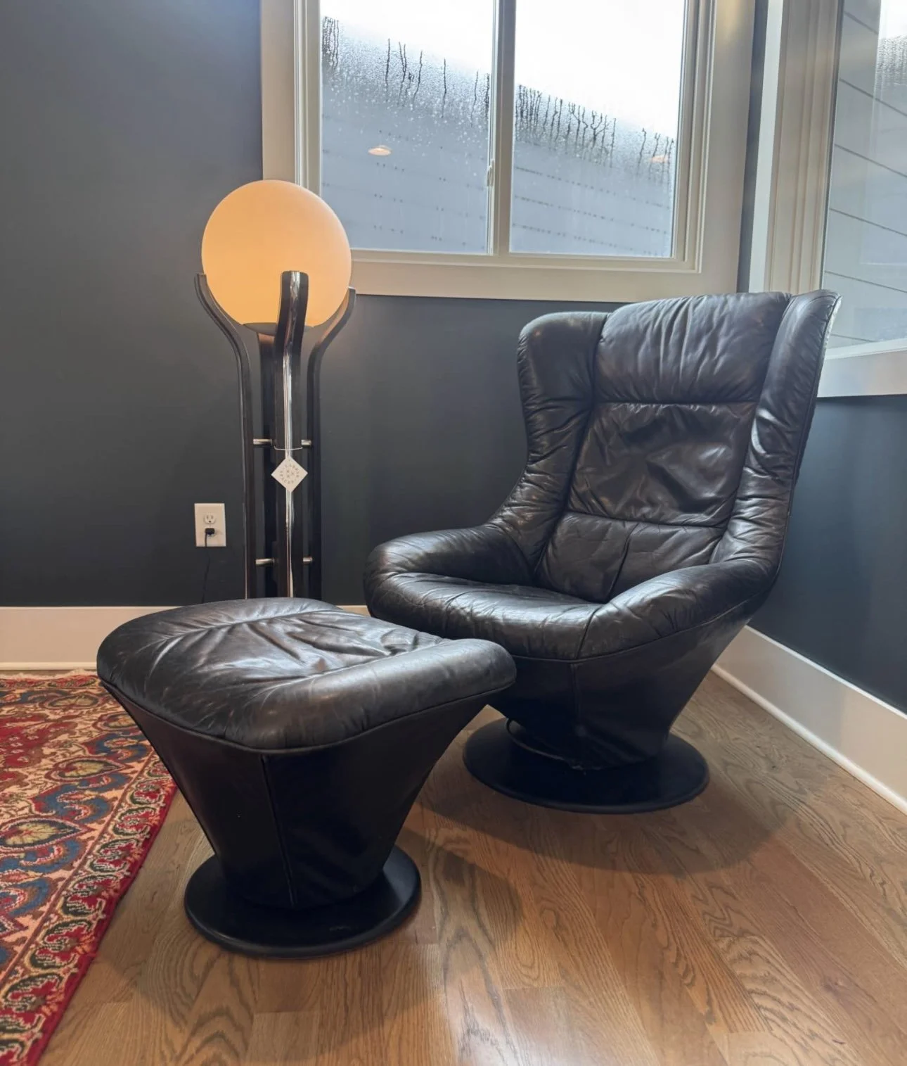 Vintage Black Leather Swivel Chair & Ottoman