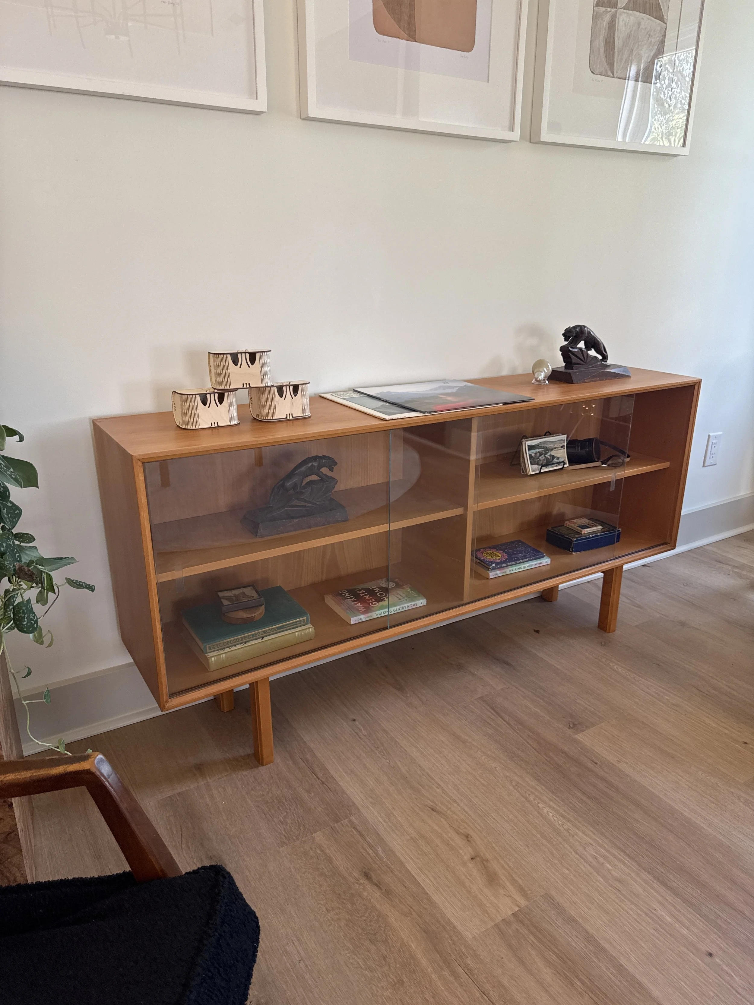 Mid-Century Modern Shelving Unit with Glass Sliding Doors