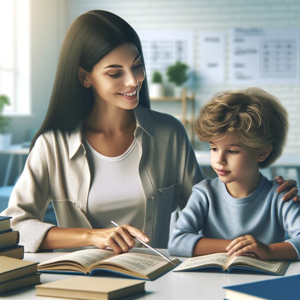 DALL·E 2024-06-05 18.59.16 - A photo-realistic image of a tutoring session focused on Reading and Comprehension Skills. A friendly female tutor is sitting with a young student at .jpeg