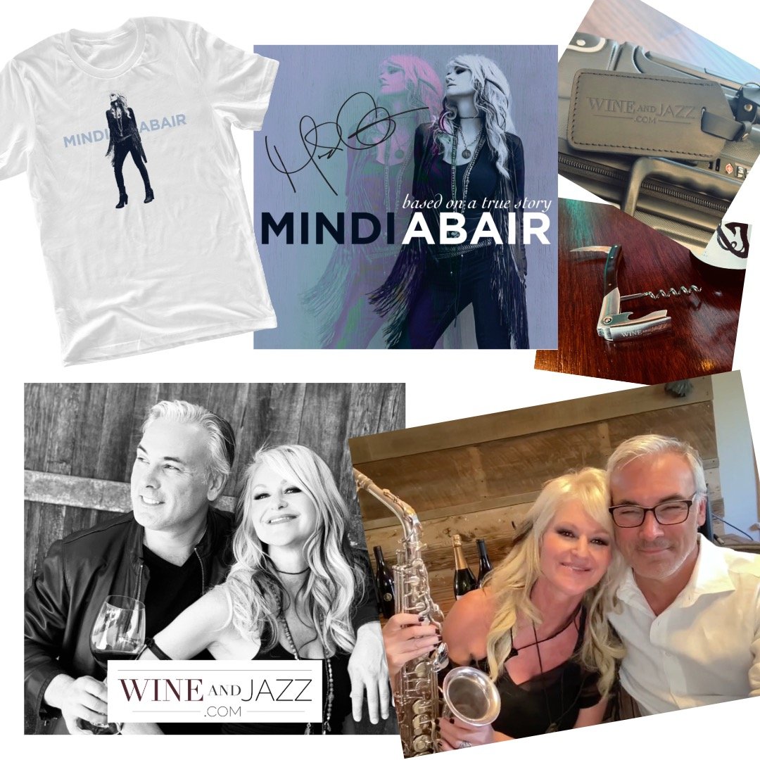 One Year WINEandJAZZ.com 4-Bottle Wine Club Membership + One Hour Private Zoom Tasting With Mindi And Eric + 1 Autographed CD + 2 T-Shirts + 2 WINEandJAZZ Leather Luggage Tags + WINEandJAZZ Corkscrew