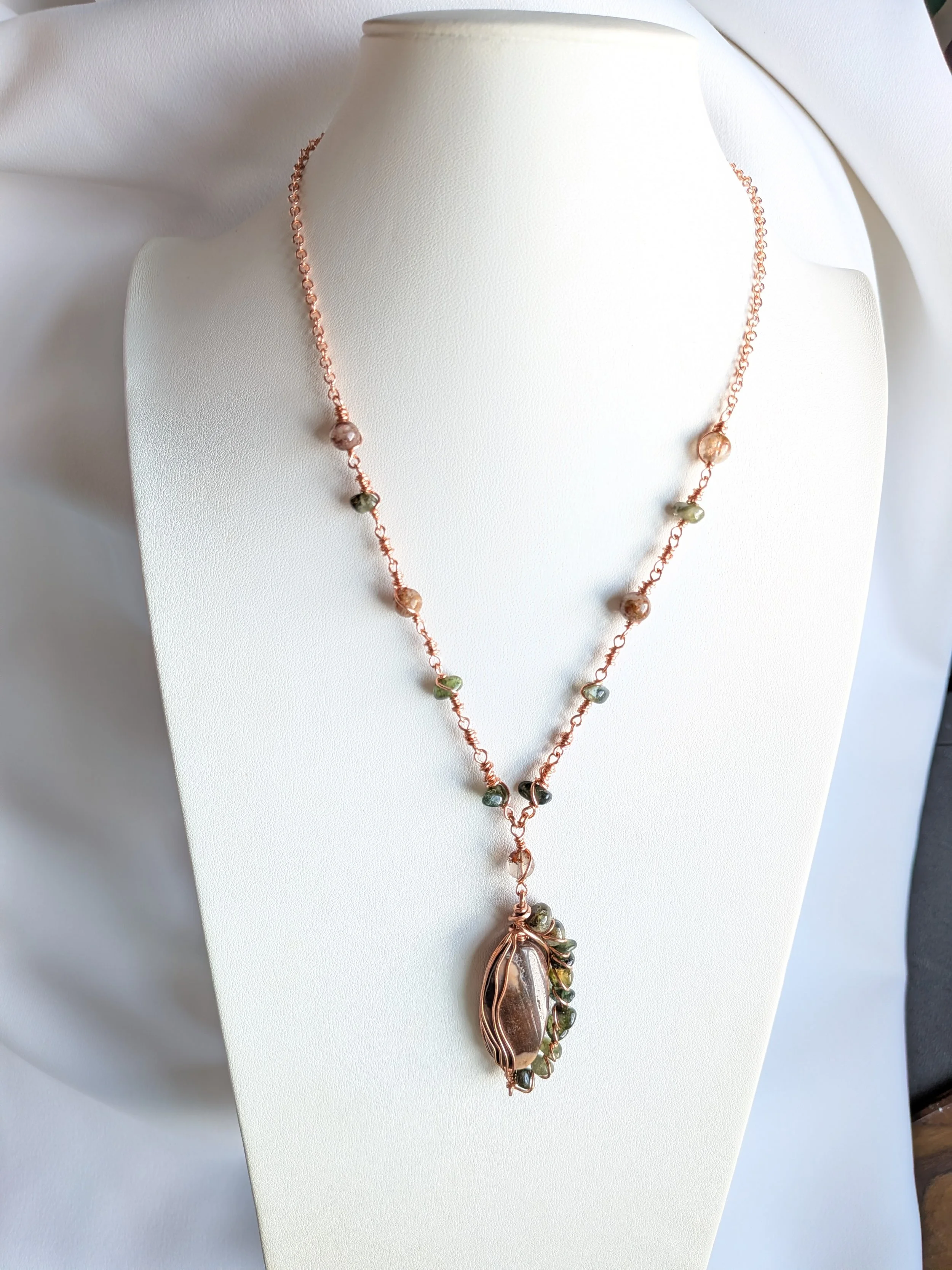Forest Dreamer Necklace- Coffee Jasper, Green Tourmaline and Garden Quartz in Copper