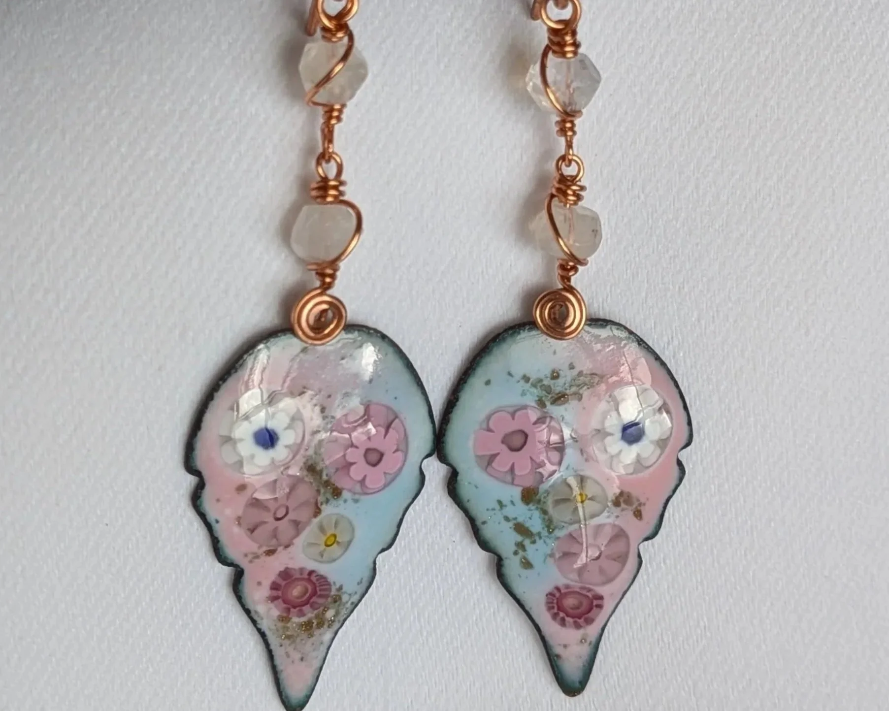 Moonstone and Enamel Copper Leaf Earrings in Copper