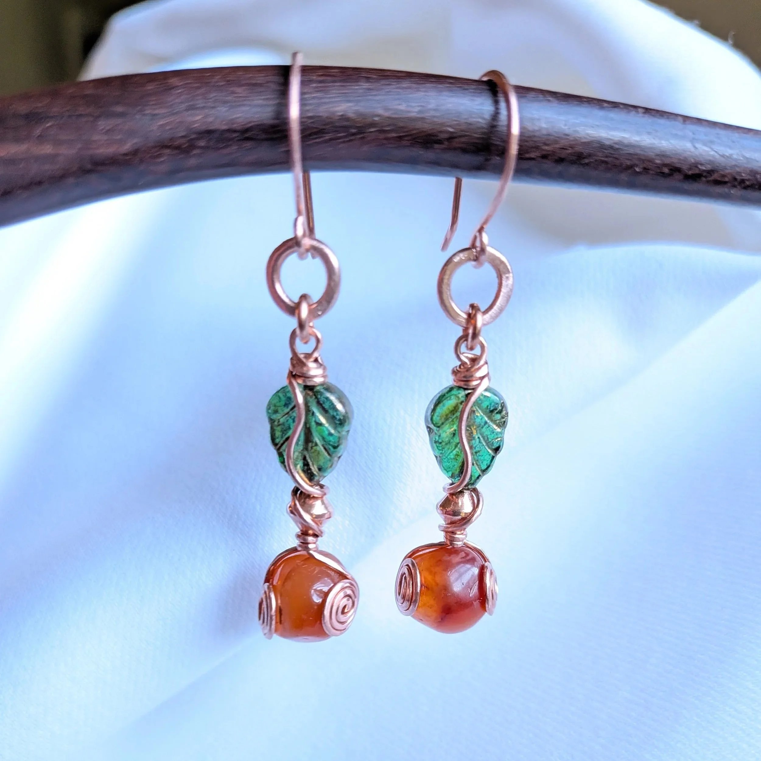 Carnelian Leaf Drop Earrings in Copper