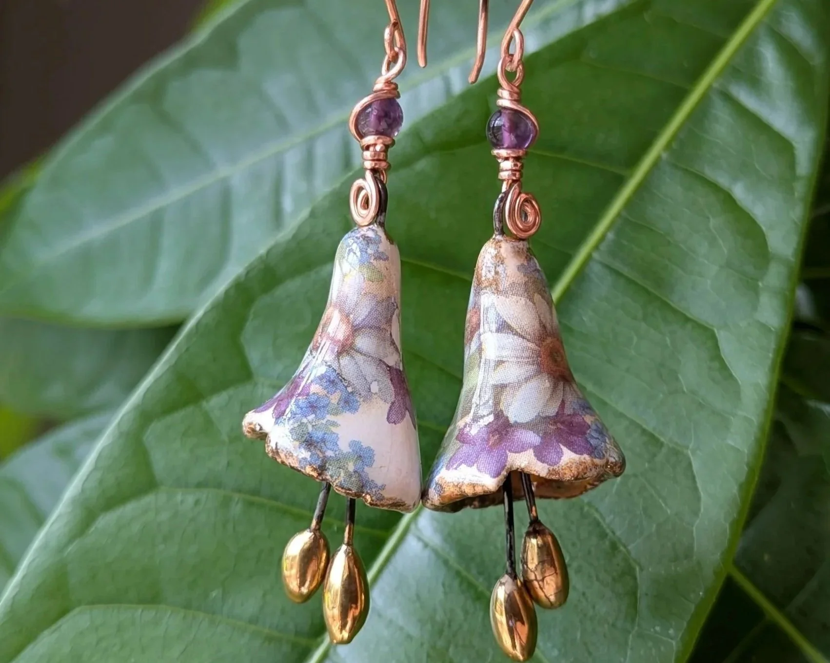 Porcelain Flower Earrings with Amethyst in Copper Wrap