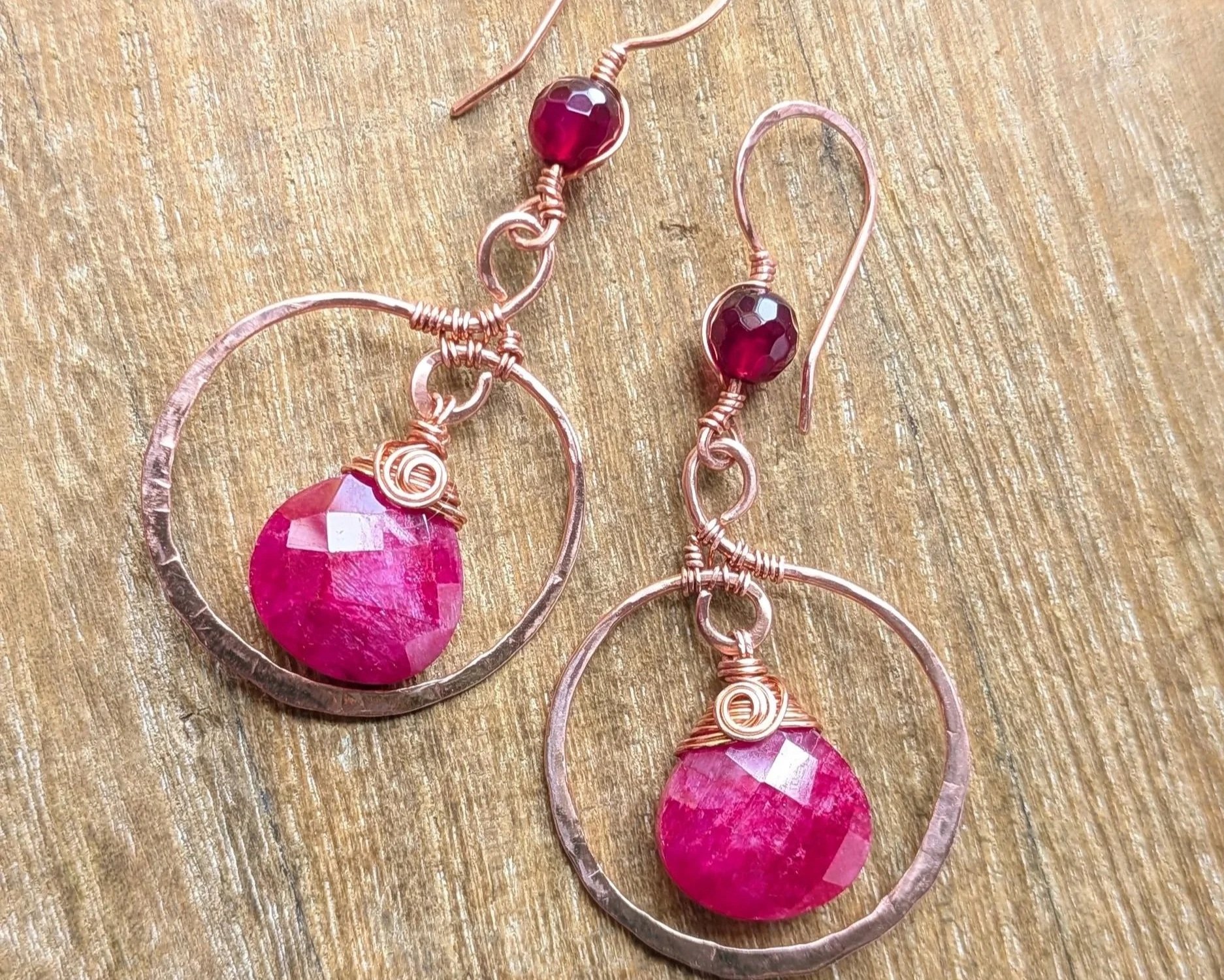 Electric Pink Sapphire Drop Copper Hoop Earrings with Garnet Gemstone Accents 