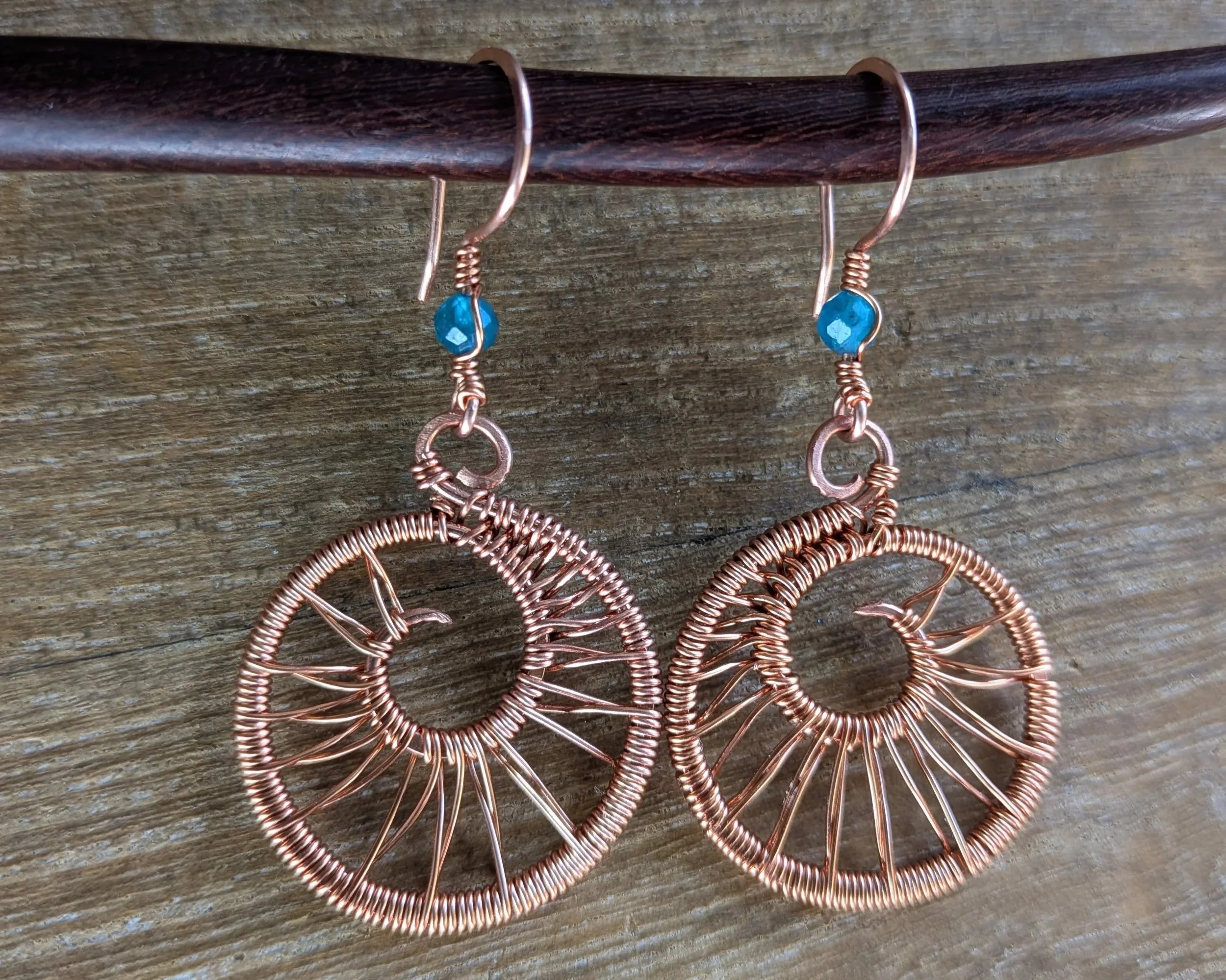 Copper Wave Hoop Earrings with Apatite Gemstone Accent