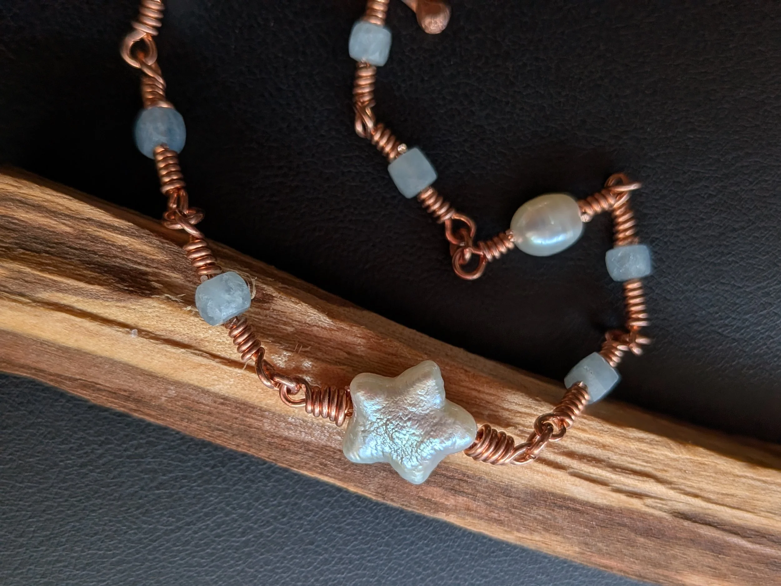 Celestial Freshwater Pearl Star with Blue Aquamarine Cubes Copper Necklace