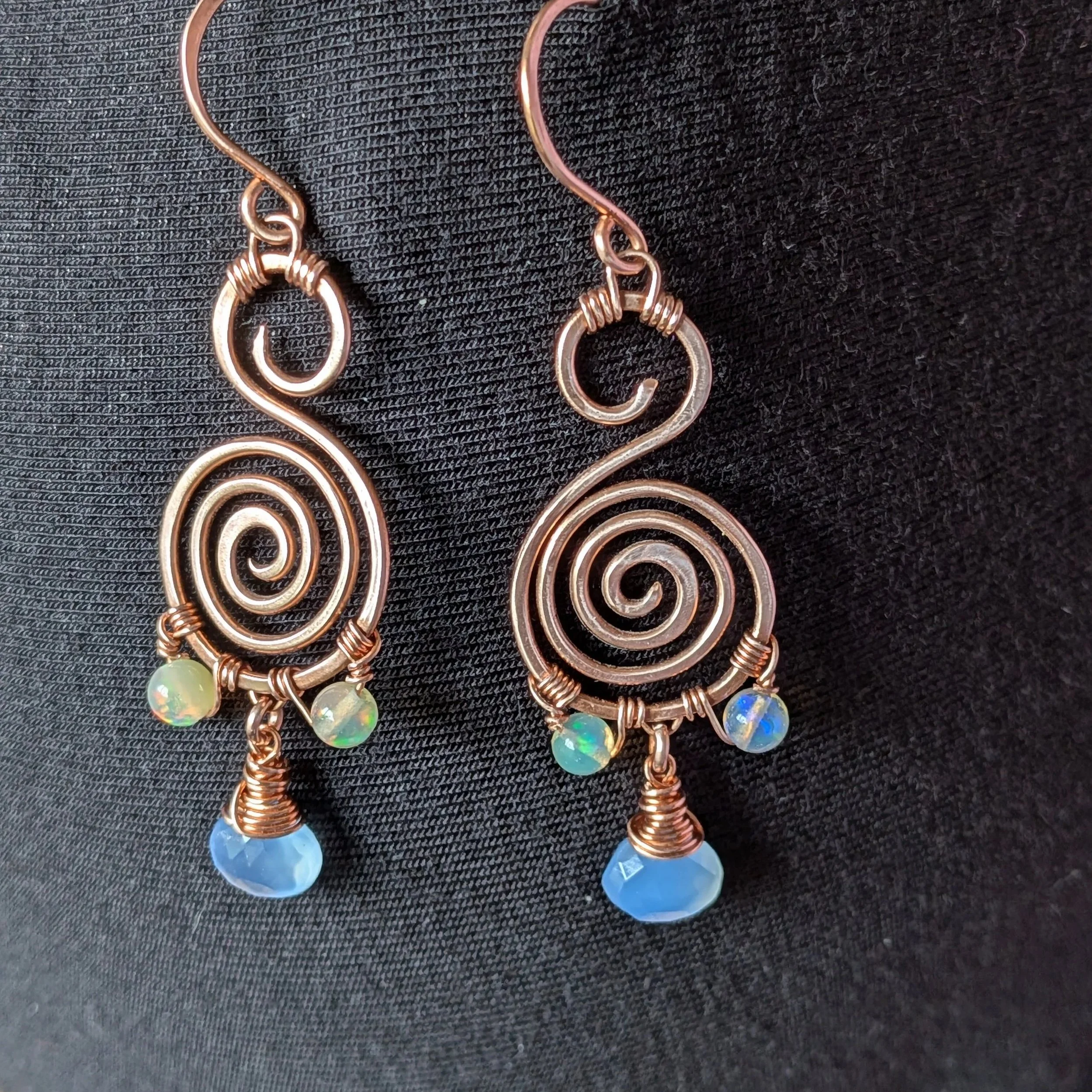 Copper Spiral Earrings Featuring Blue Chalcedony and Welo Opal
