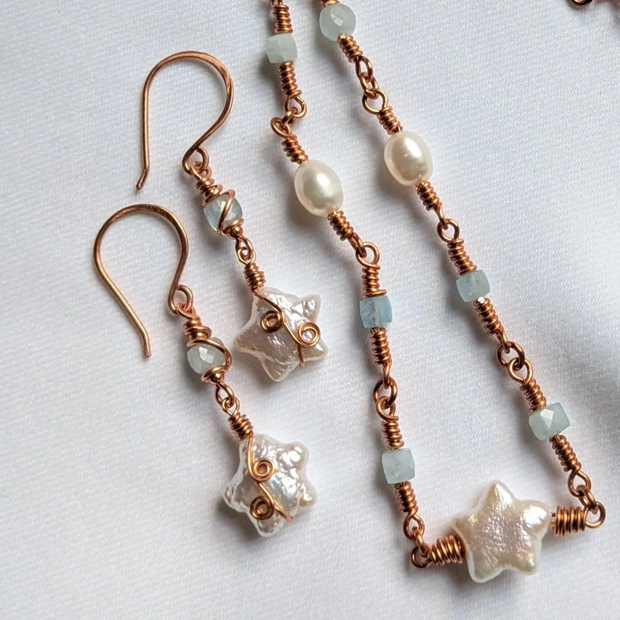 Star Freshwater Pearl with Aquamarine Gemstones on Copper Chain Necklace with Matching Earrings