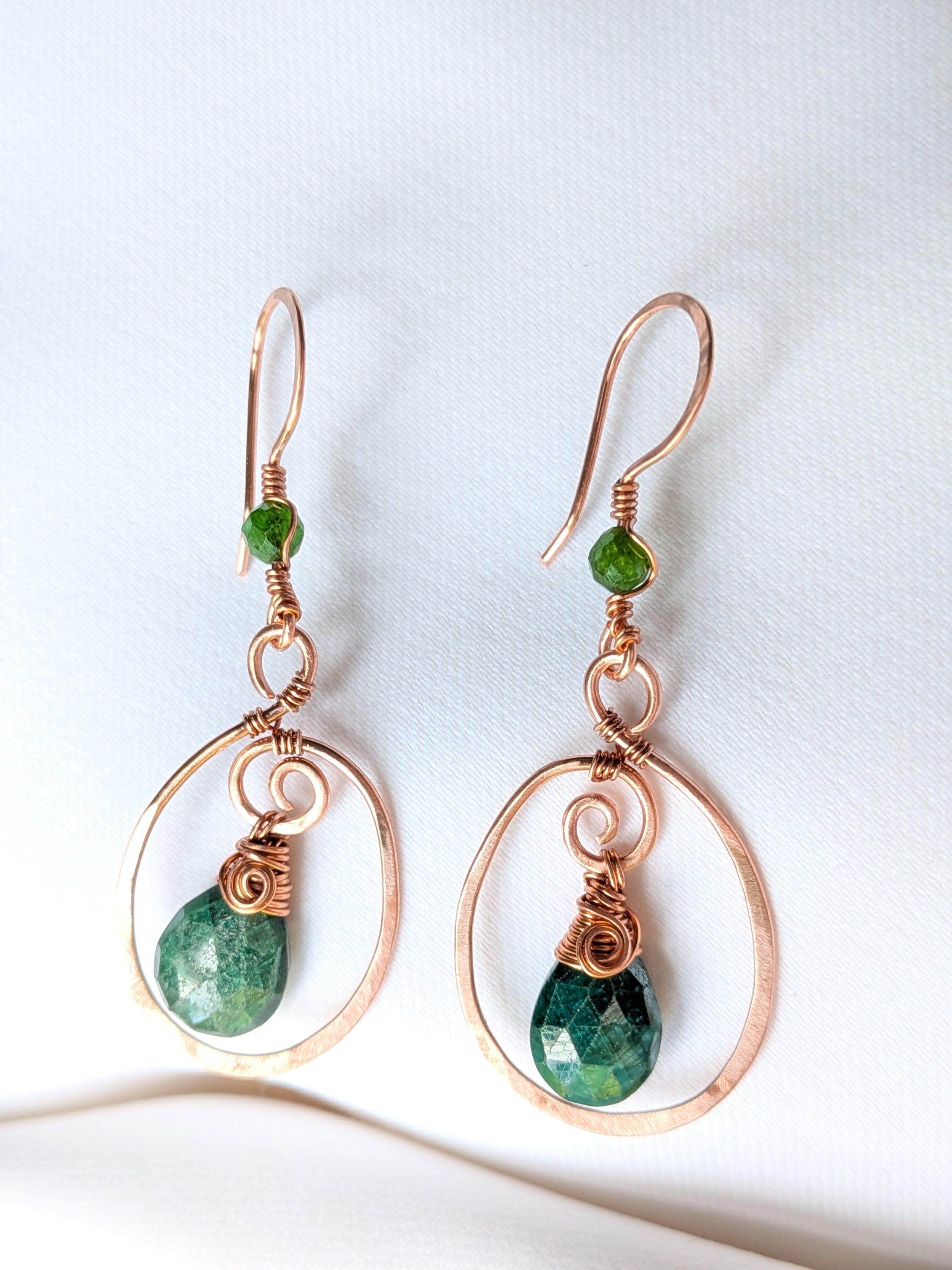 Siberian Serenity Copper Hoop Earrings with Faceted Emerald Briolette's and Chrome Diopside Gemstones
