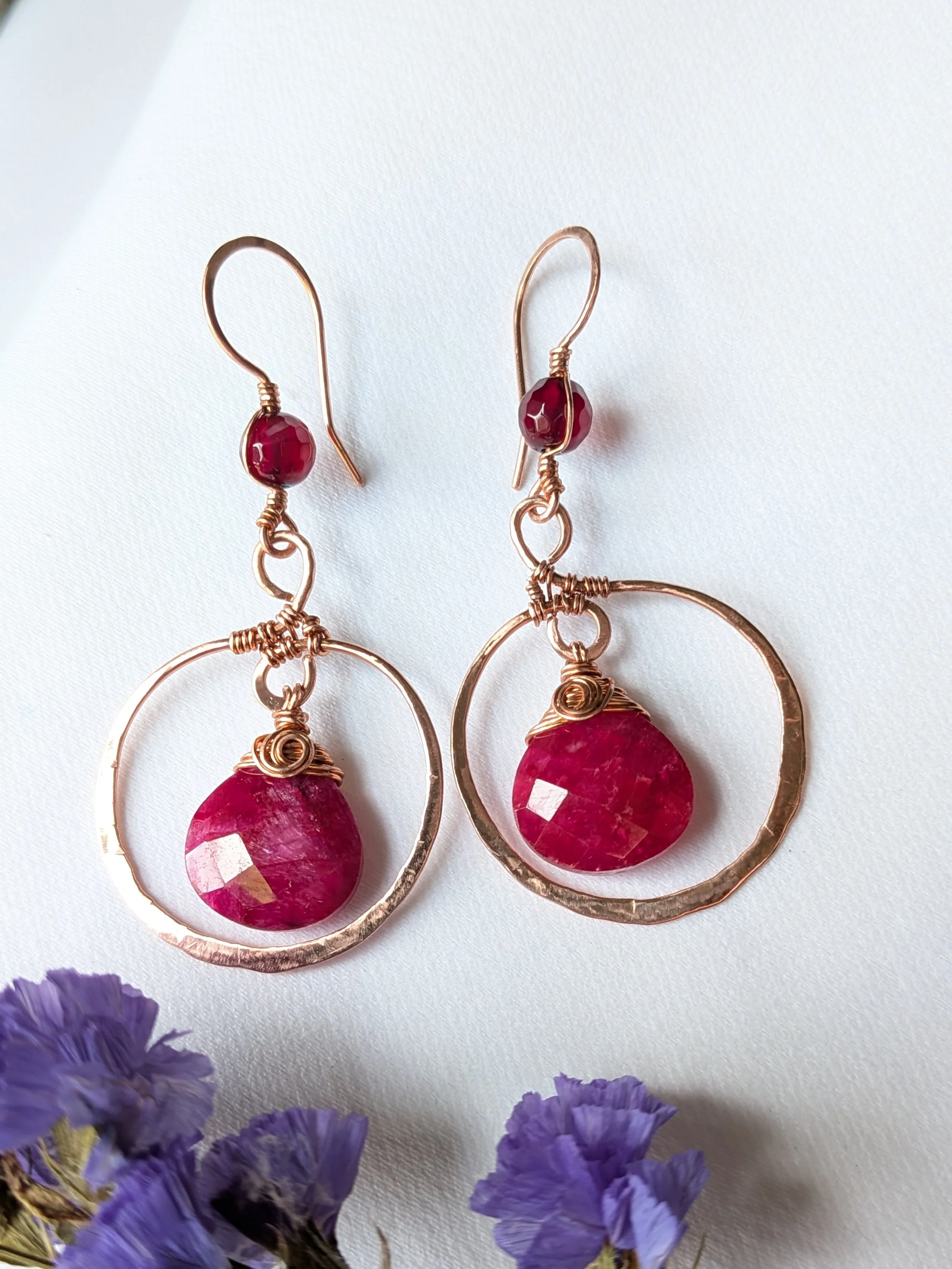 Hammered Copper Hoop Earrings with Faceted Pink Sapphire Briolette Drop Gemstones