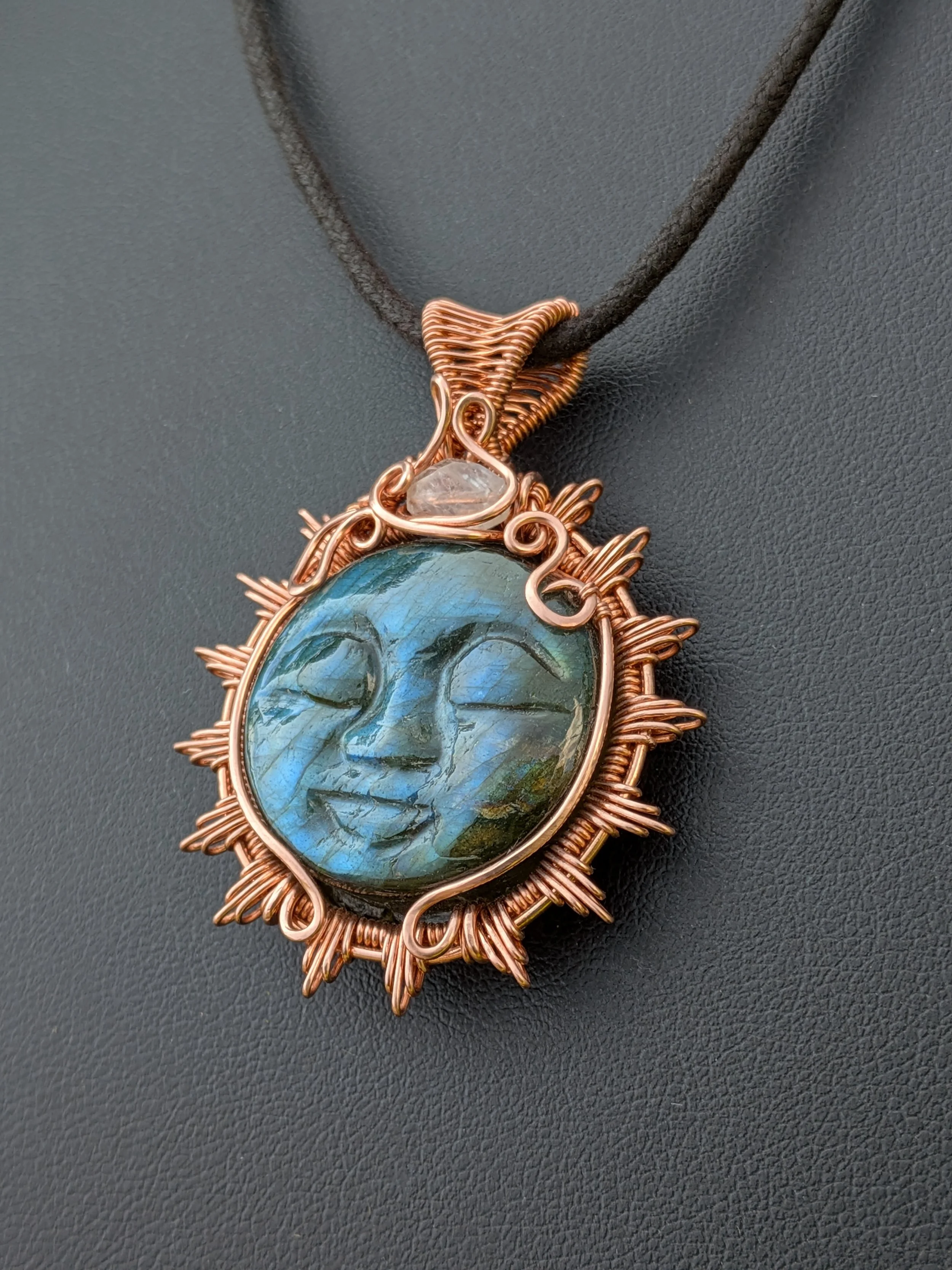 Labradorite Sun Pendant on Black Cord Necklace