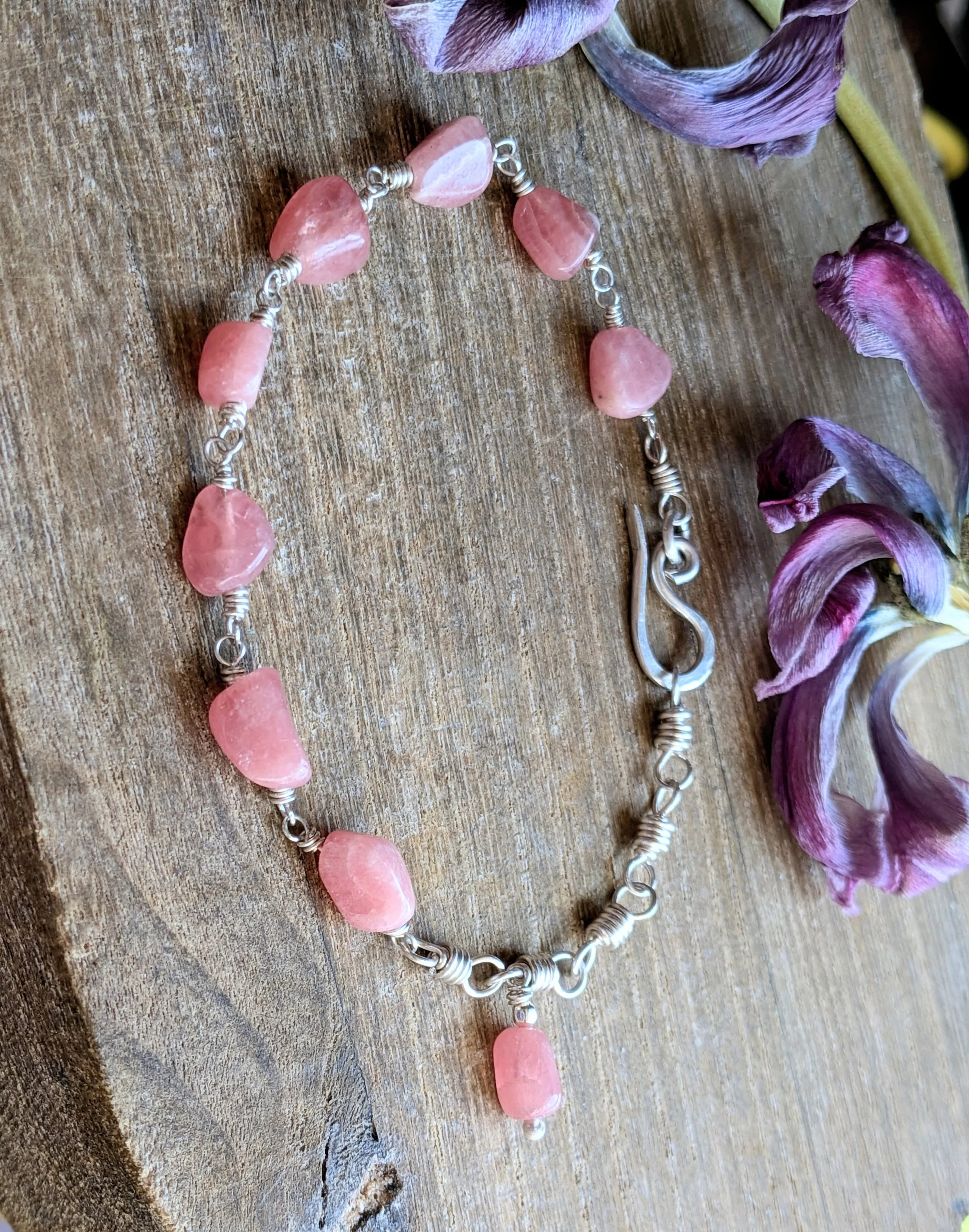 Sterling Silver Chain Bracelet with Rhodochrosite Gemstone Beads