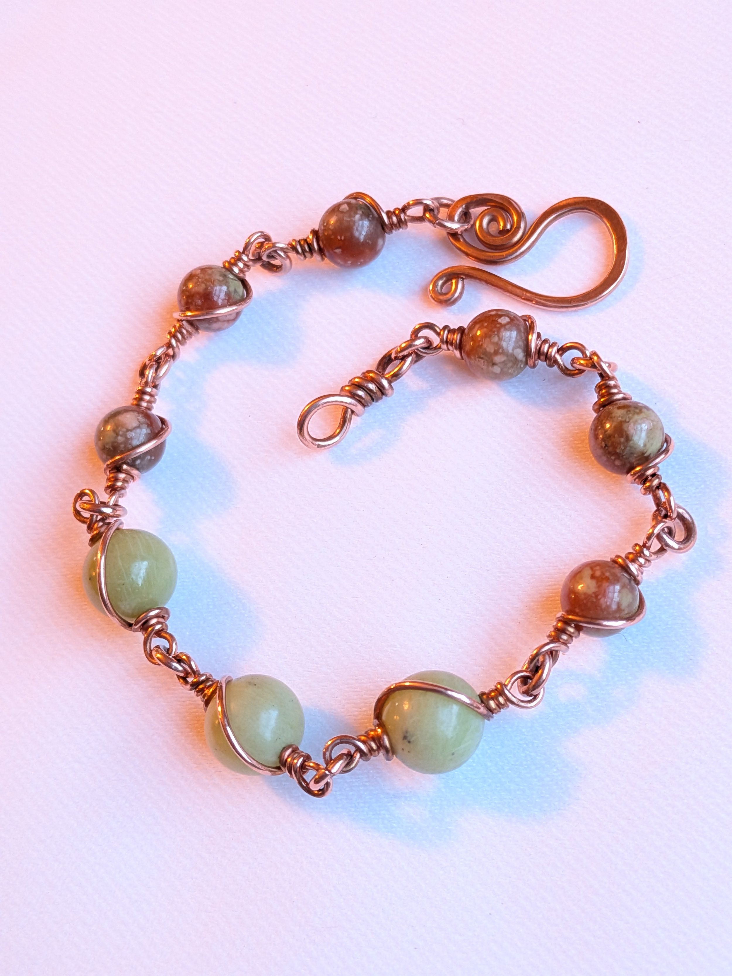 Serpentine and Autumn Jasper Gemstone Bracelet with Wire Wrapped Copper Chain