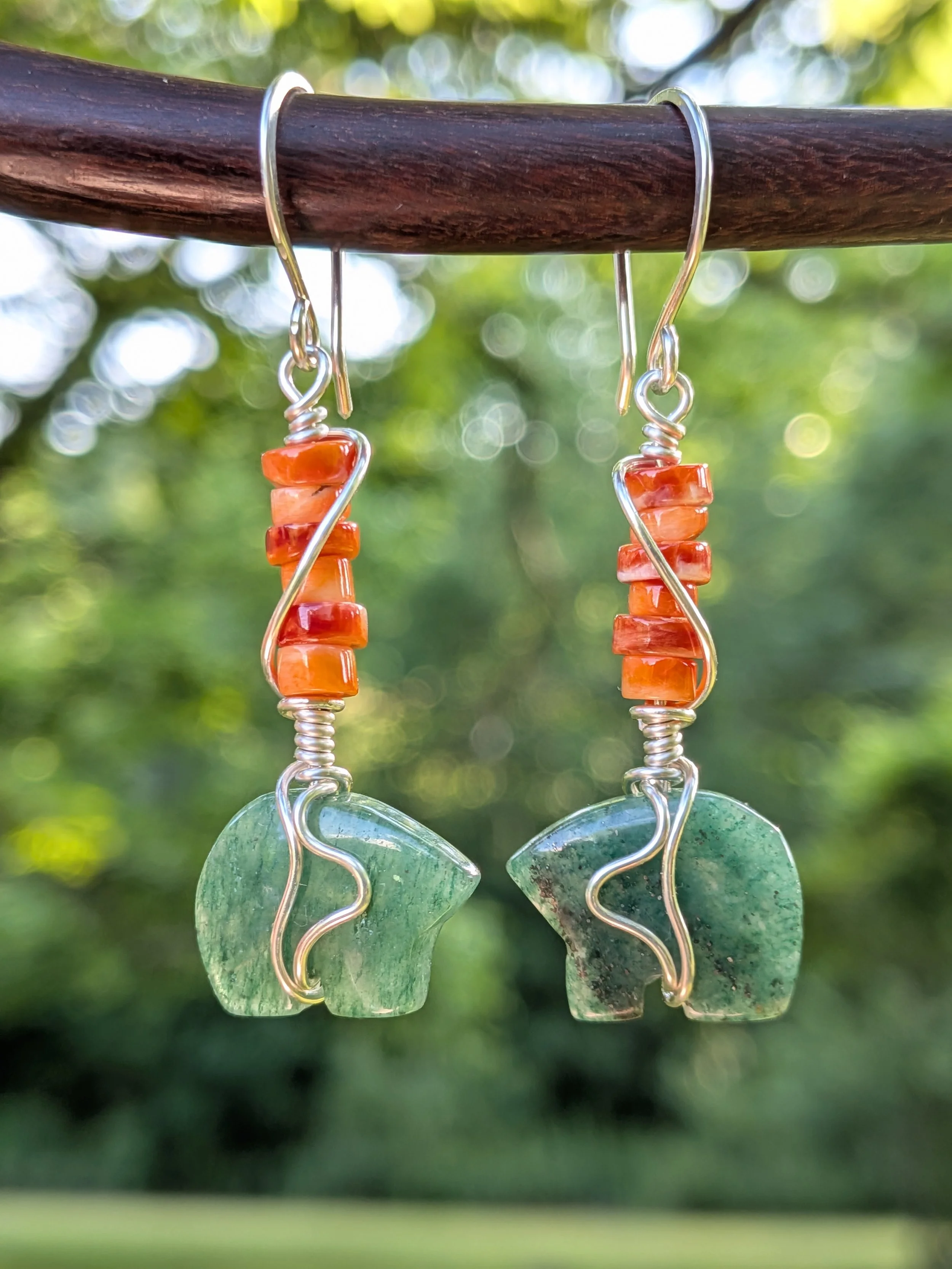 Earthy Green Aventurine Bear Earrings in Sterling Silver with Vibrant Spiny Oyster Accents