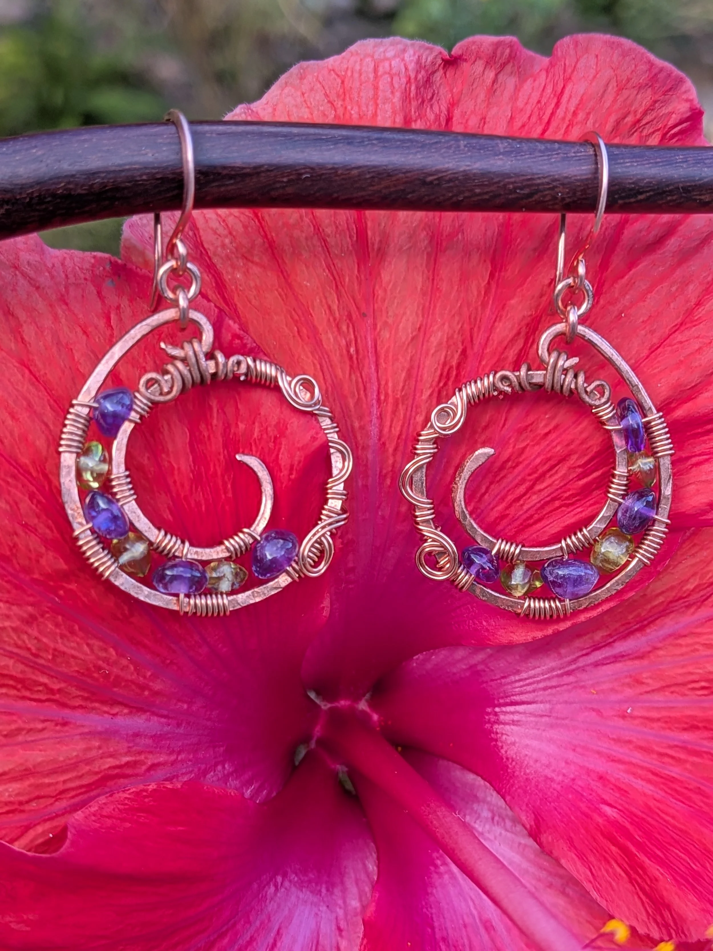Amethyst with Peridot Gemstone Hoop Copper Earrings