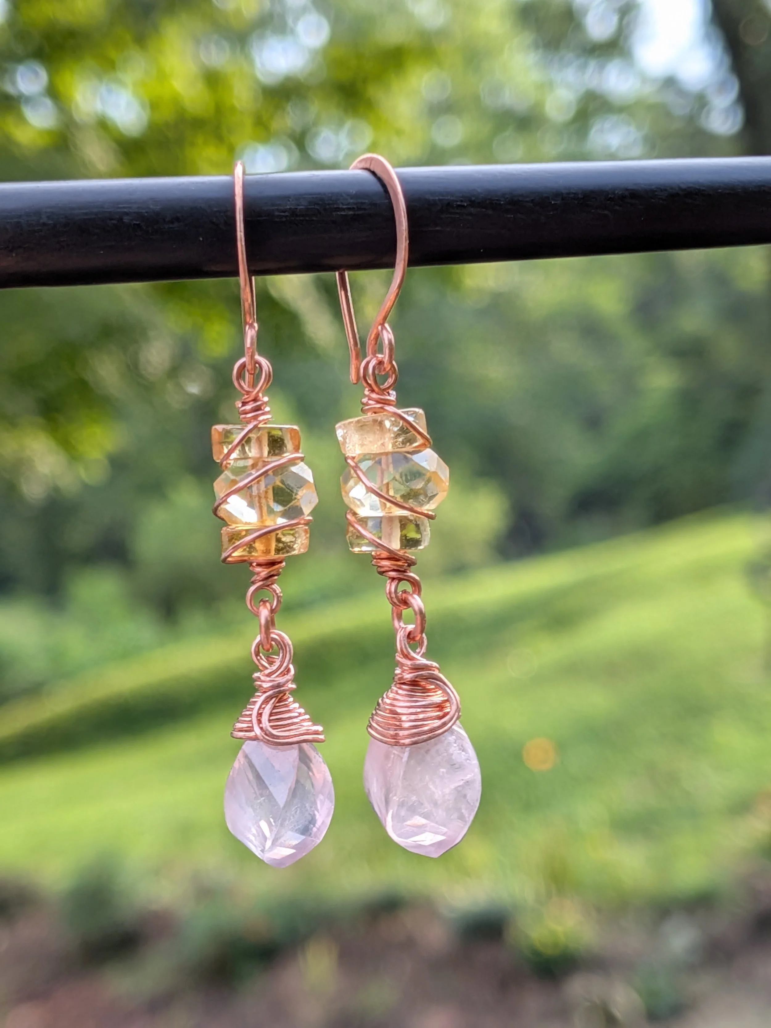 Rose Quartz and Faceted Citrine Gemstone Copper Wrapped Earrings