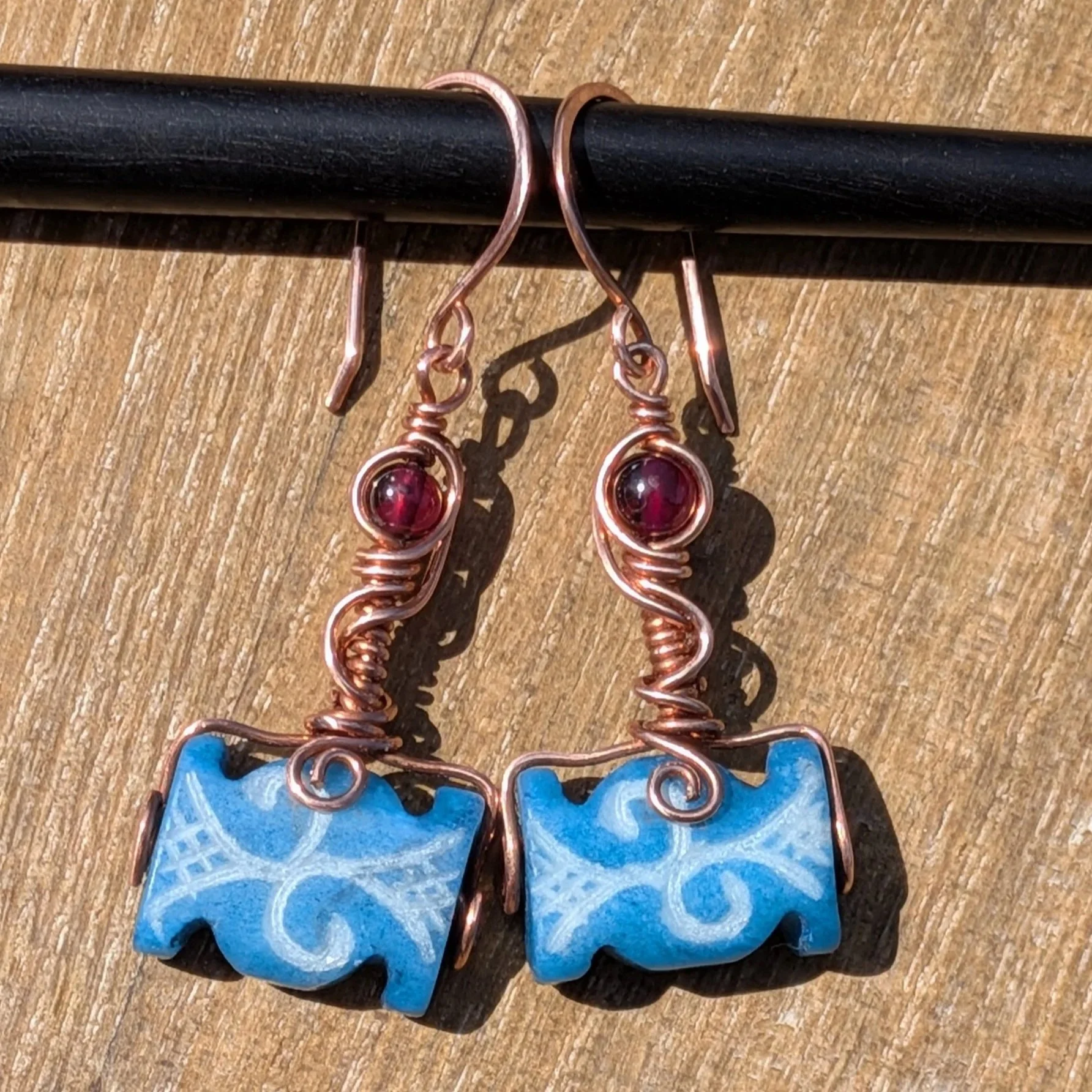 Viking Inspired Earrings Carved Vintage Glass and Garnets in Copper