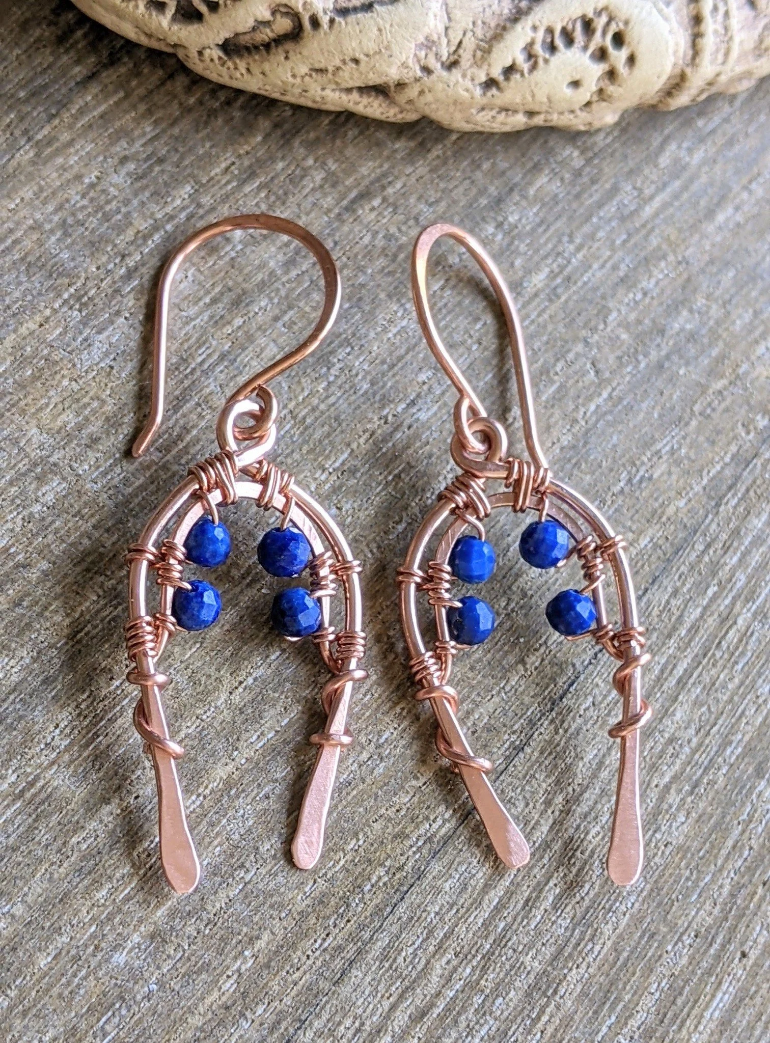 Lucky Horseshoe Copper Earrings with Lapis Lazuli Gemstones