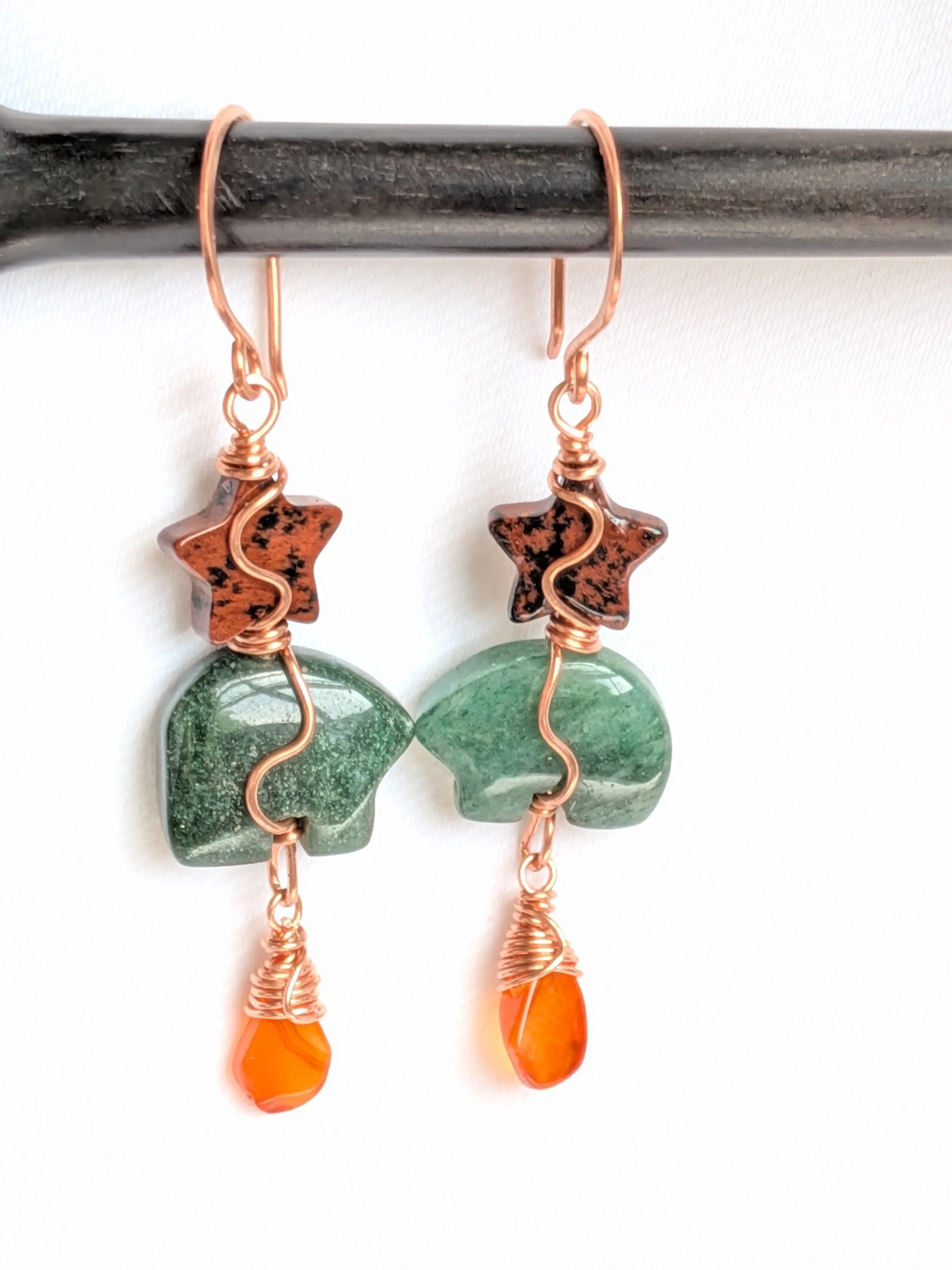 Zuni Bear Earrings with Green Aventurine, Obsidian Jasper Stars and Carnelian Agate Drops