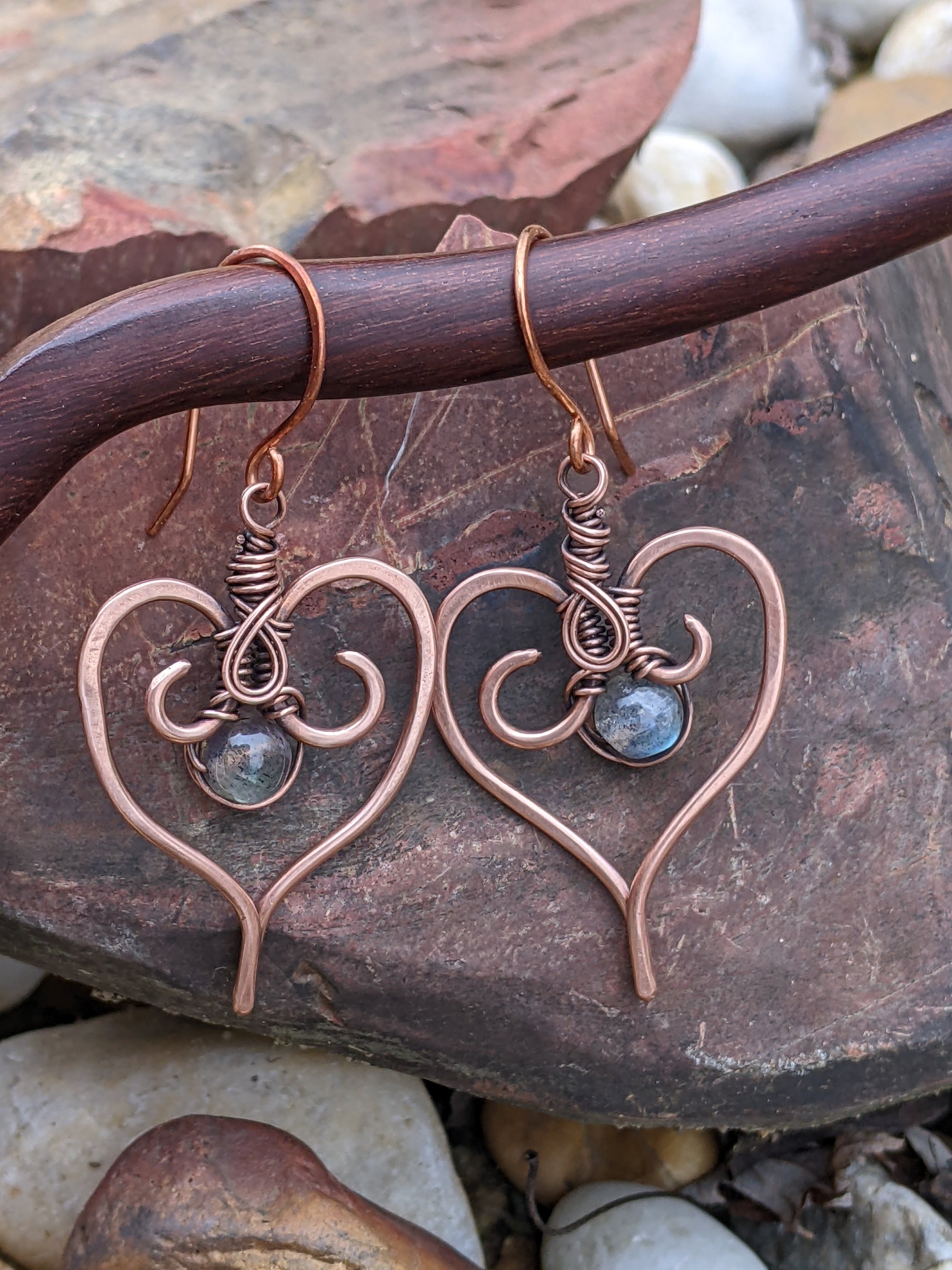 Copper Heart Earrings with Labradorite