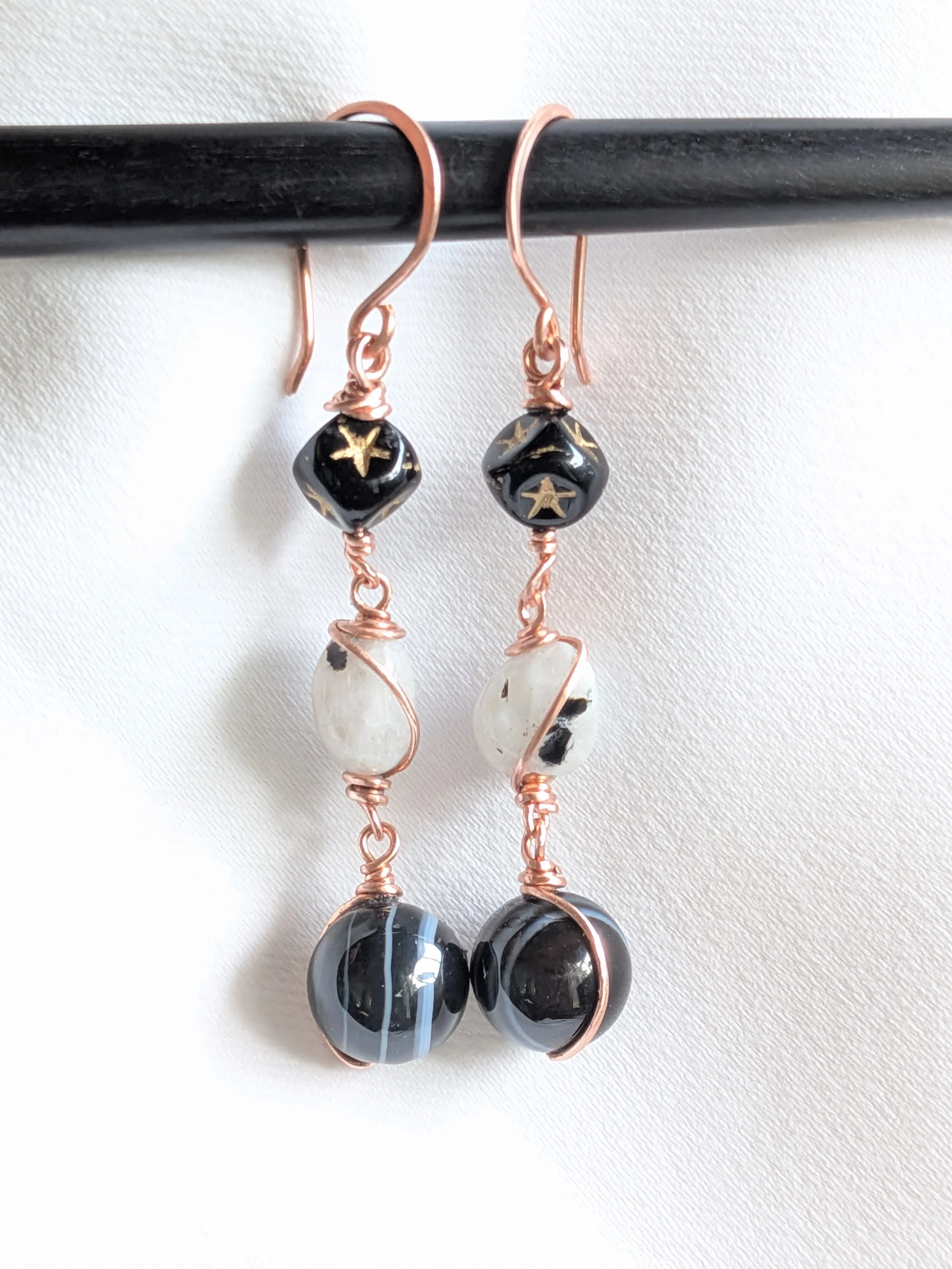 Copper Earrings with Banded Agates, Czech Glass Star Cubes and Moonstones