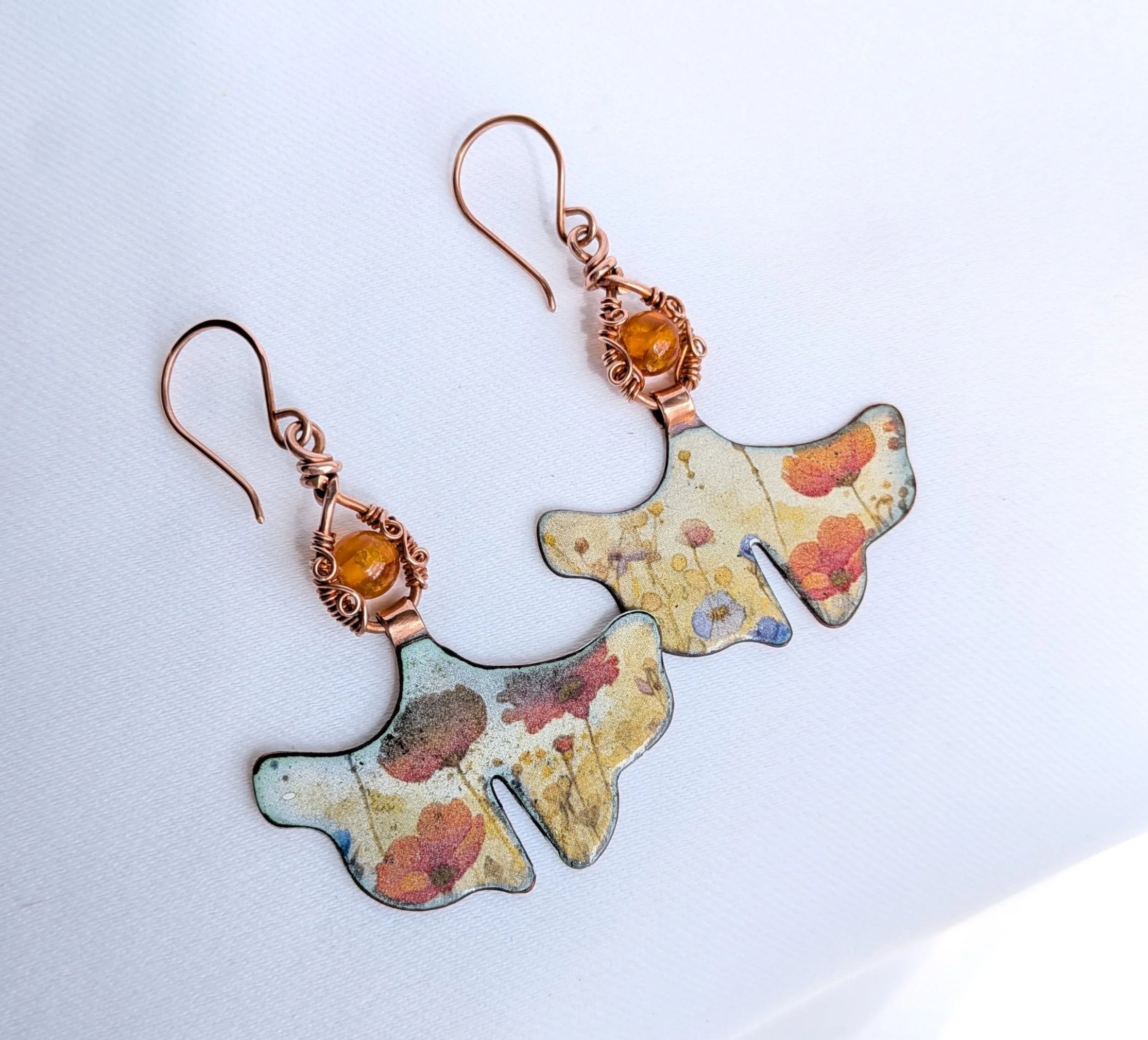 Gingko Leaf Copper Earrings with Baltic Amber