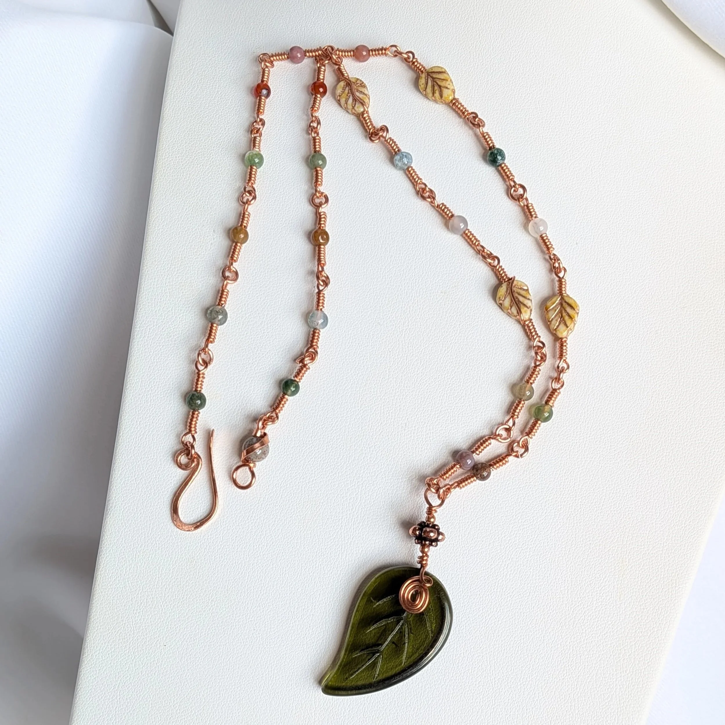 Whispering Leaf Pendant Necklace with Colorful Fancy Jasper Gemstones