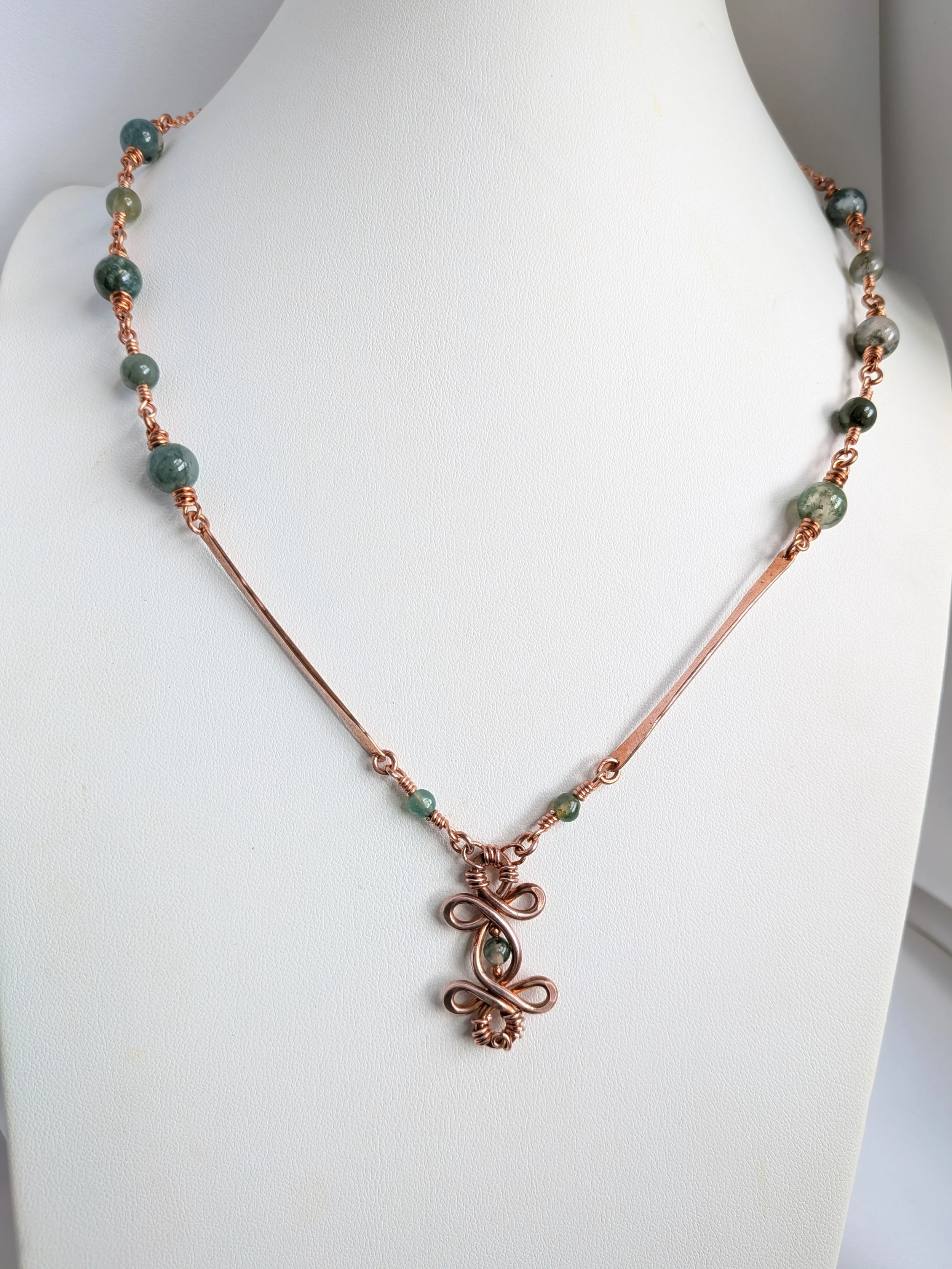 Copper Infinity Pendant Necklace with Moss Agate and Fancy Jasper Gemstones