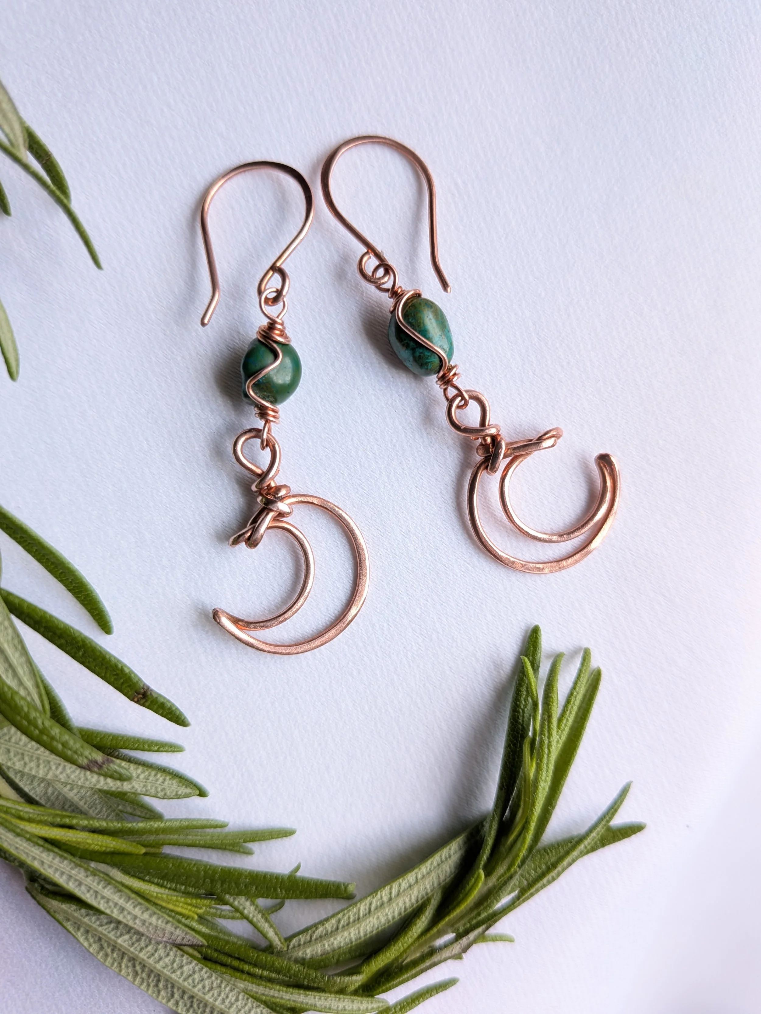 Crescent Moon Copper Earrings with Chrysoprase Accents