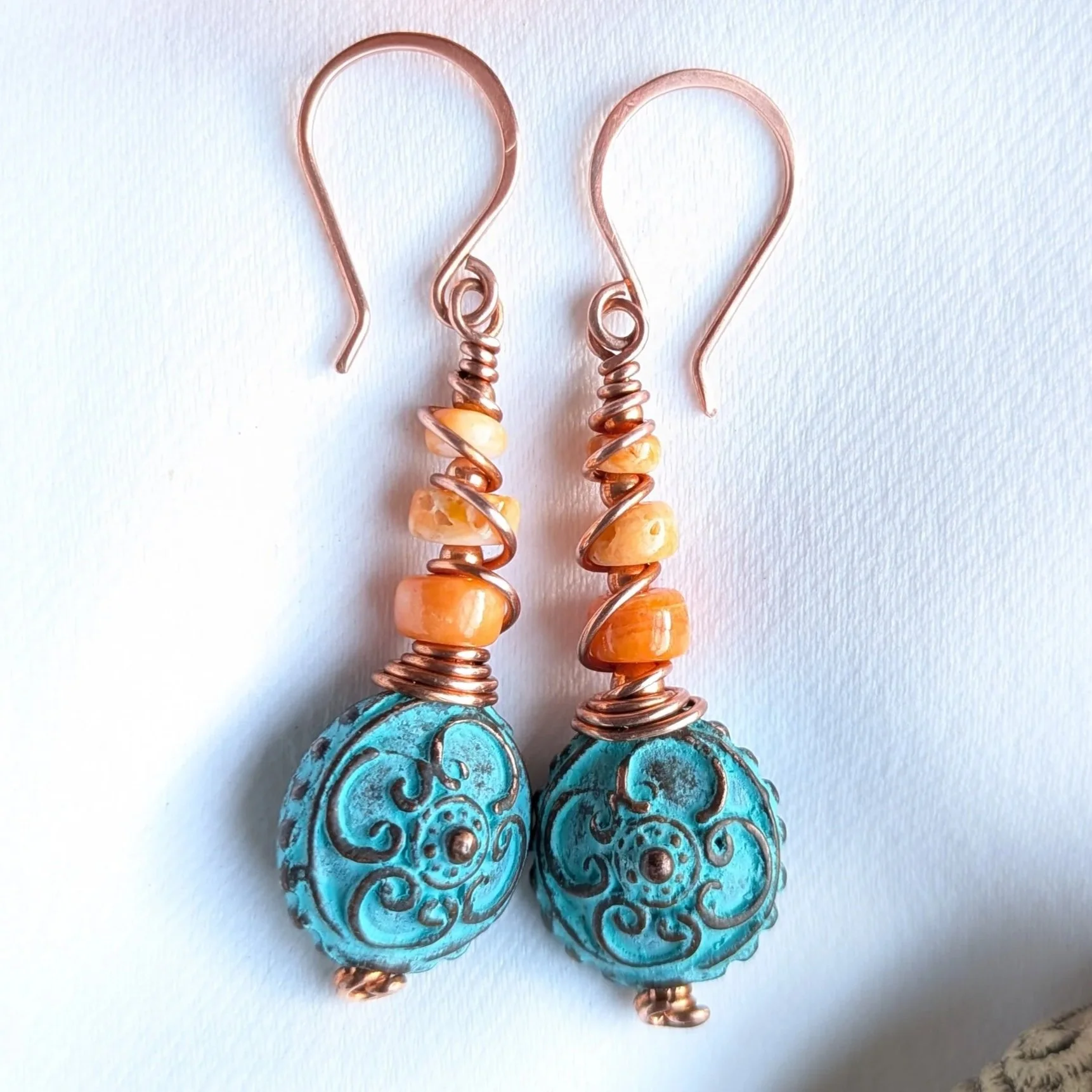 Spiny Oyster Heishi Bead Earrings with Greek Cast Metal Beads in an Artisanal Copper Wrap