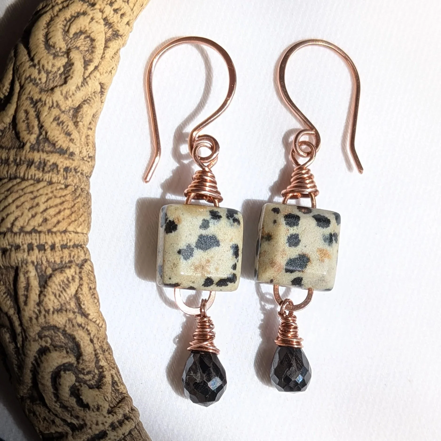 Artisan Copper Earrings Black Spinel and Dalmatian Jasper Gemstones