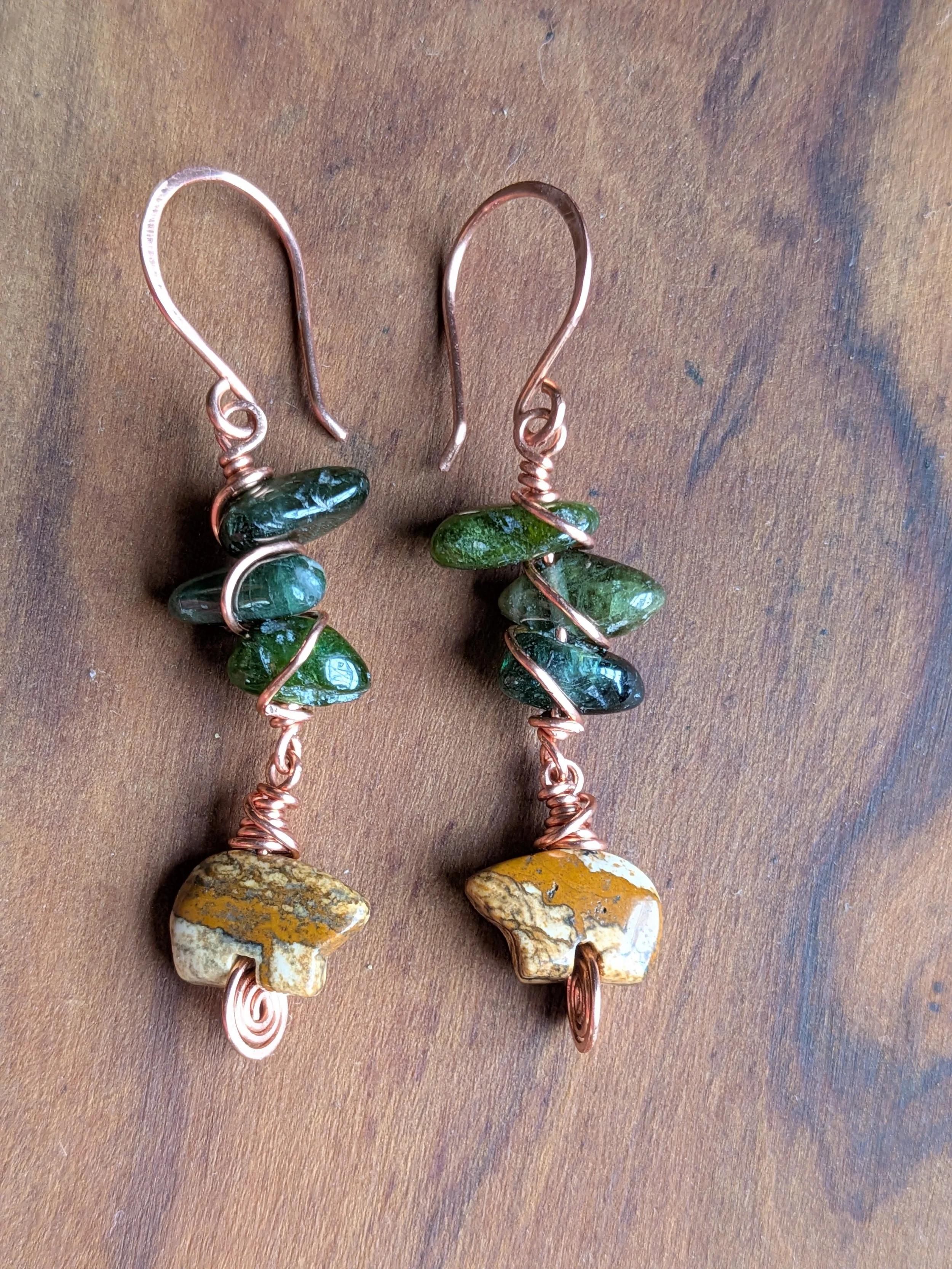 Forest Dreamer Earrings with Green Tourmaline and Picture Jasper Zuni Bears in Copper