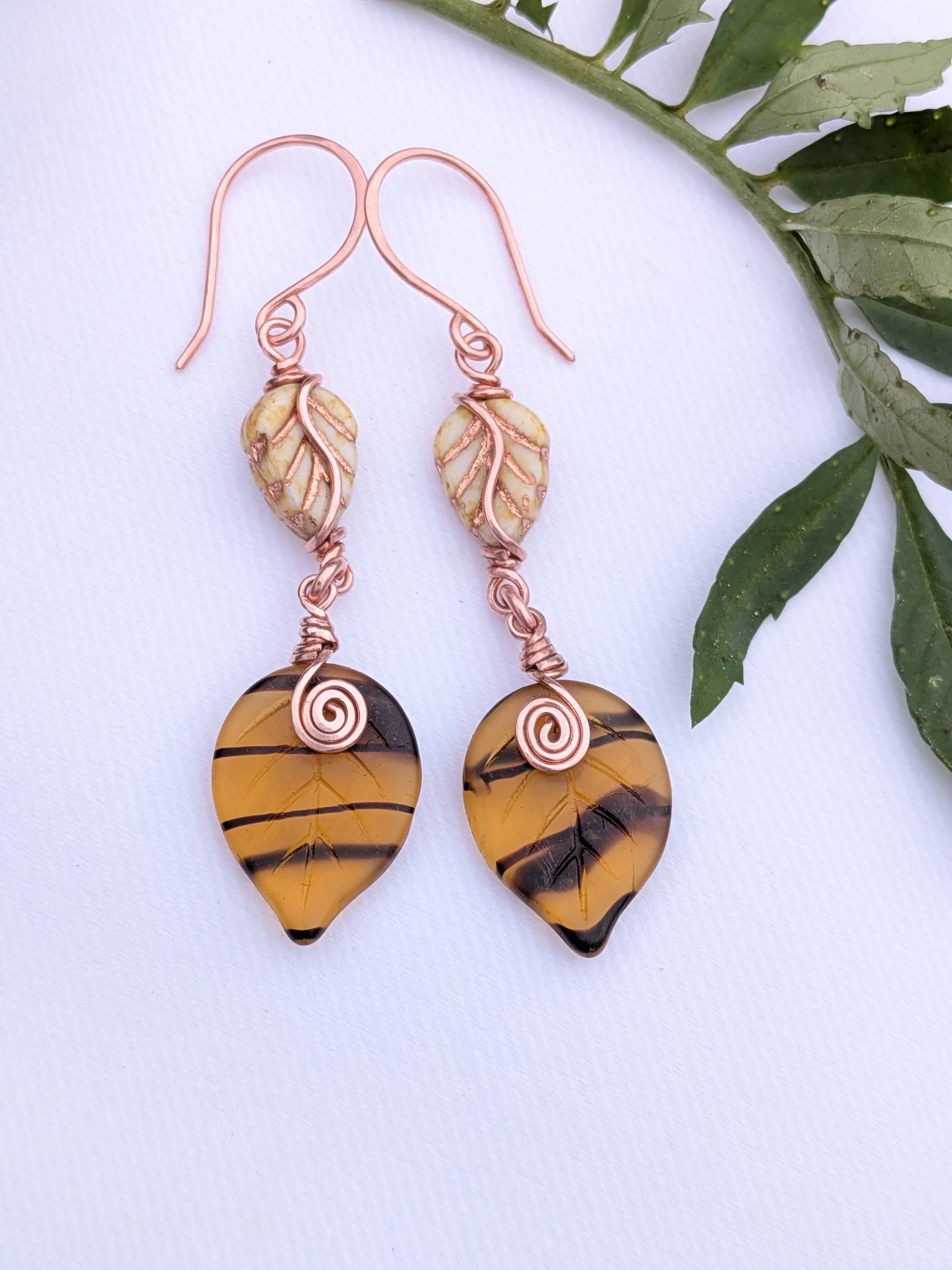 Fall Serenade Czech Glass Leaf Design Copper Earrings