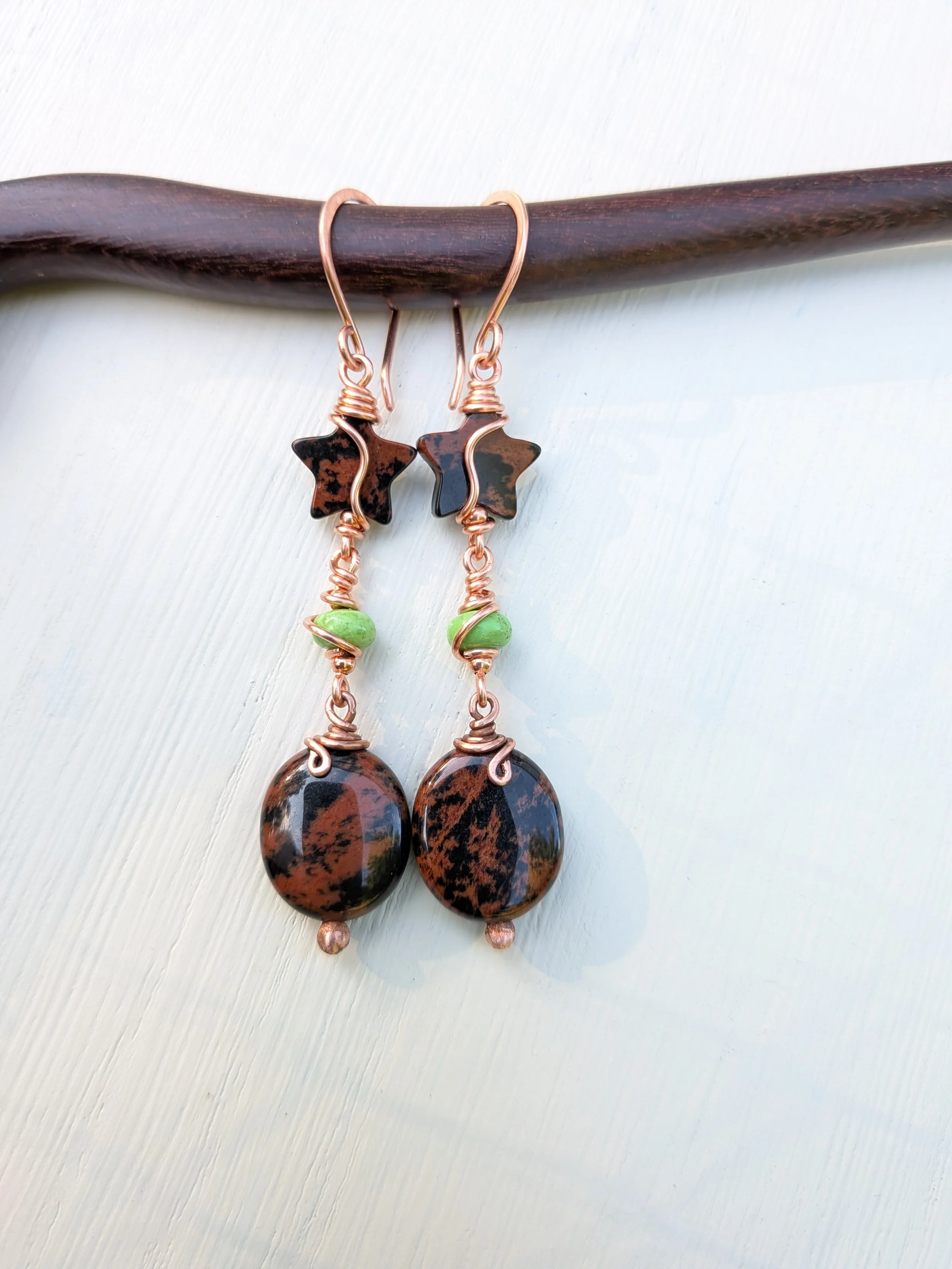 Copper Earrings with Mahogany Obsidian Star and Green Turquoise Accents