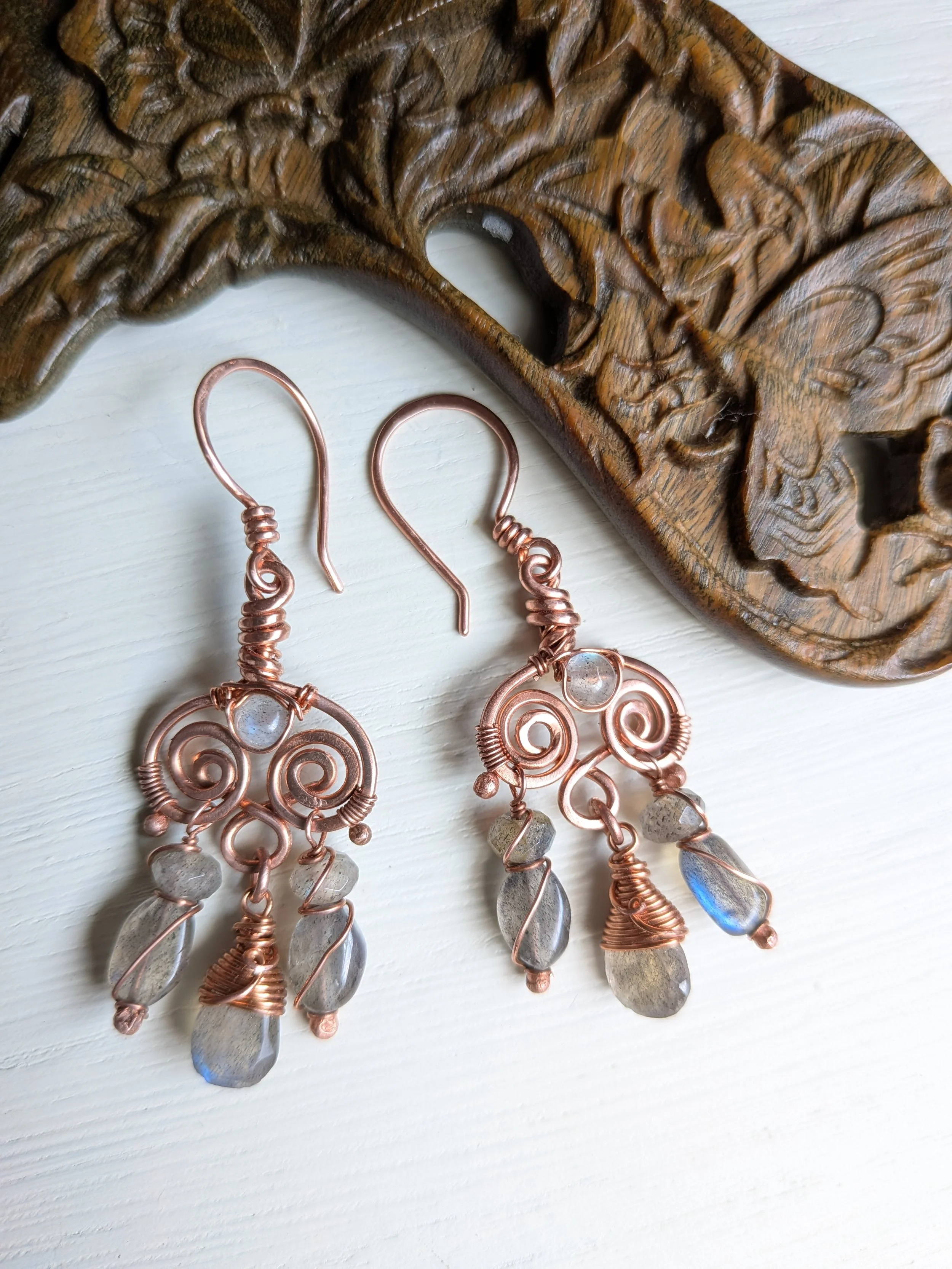 Spiraled Copper Chandelier Earrings with Blue Labradorite Dangles