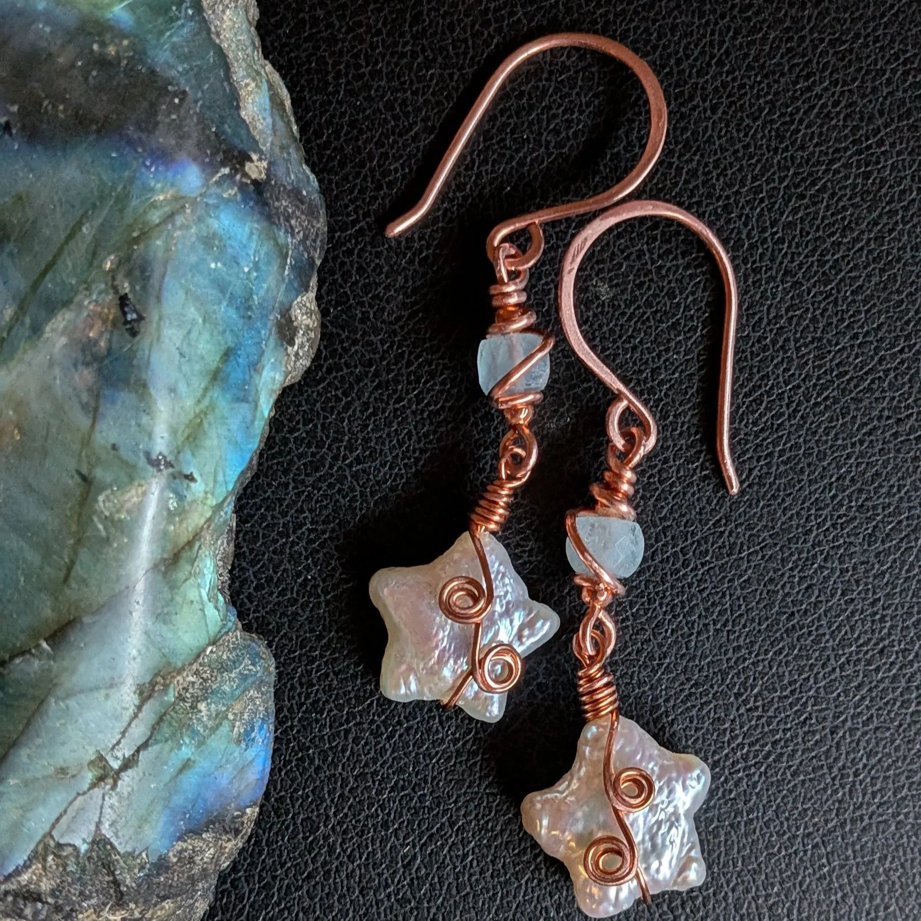 Lucky Star Earrings with Freshwater Pearl Stars and Aquamarine Accents