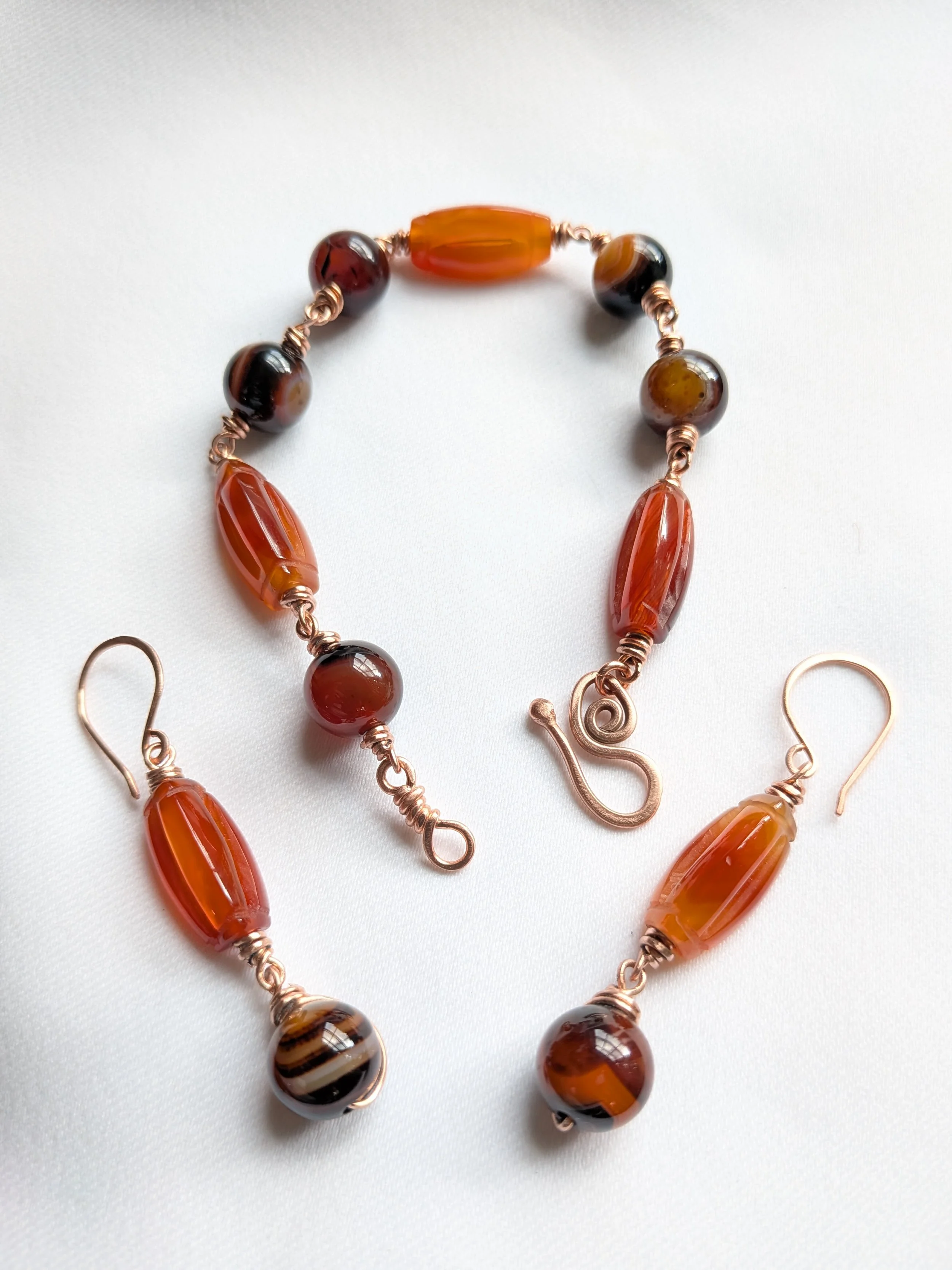 Exotic Copper Earrings and Bracelet Set with Botswana Agate and Carved Carnelian Gemstones