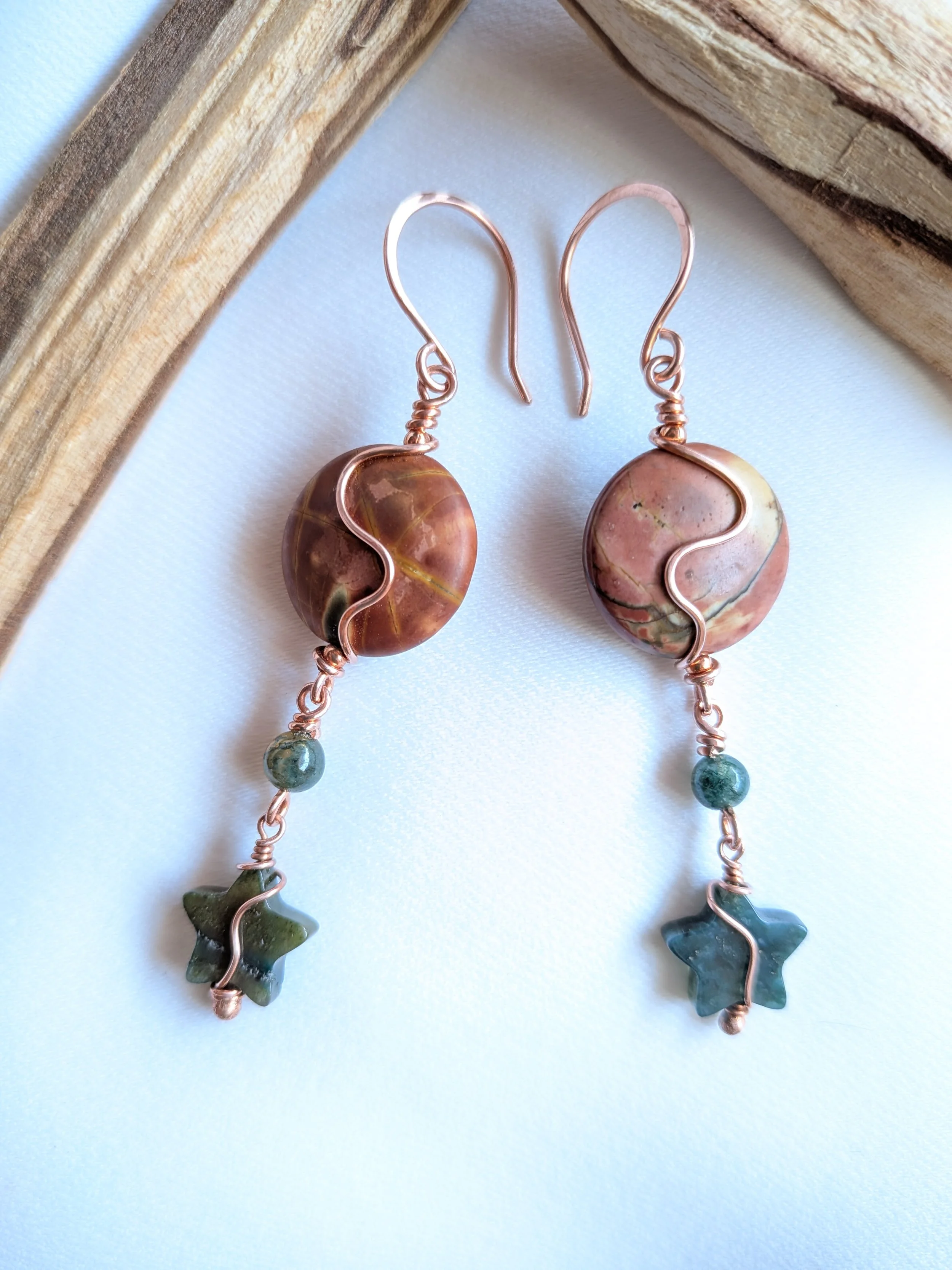 Cherry Creek Jasper Gemstone Earrings with Moss Agate Star Accents