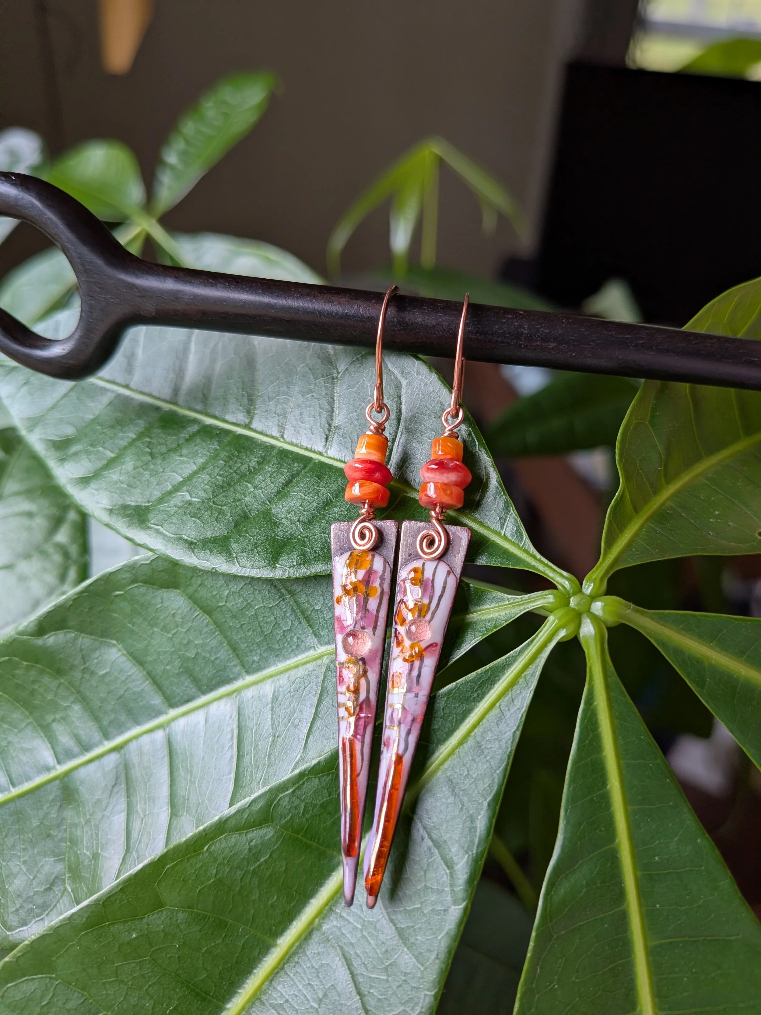 Distinctive Copper Dagger Earrings with Spiny Oyster Accents