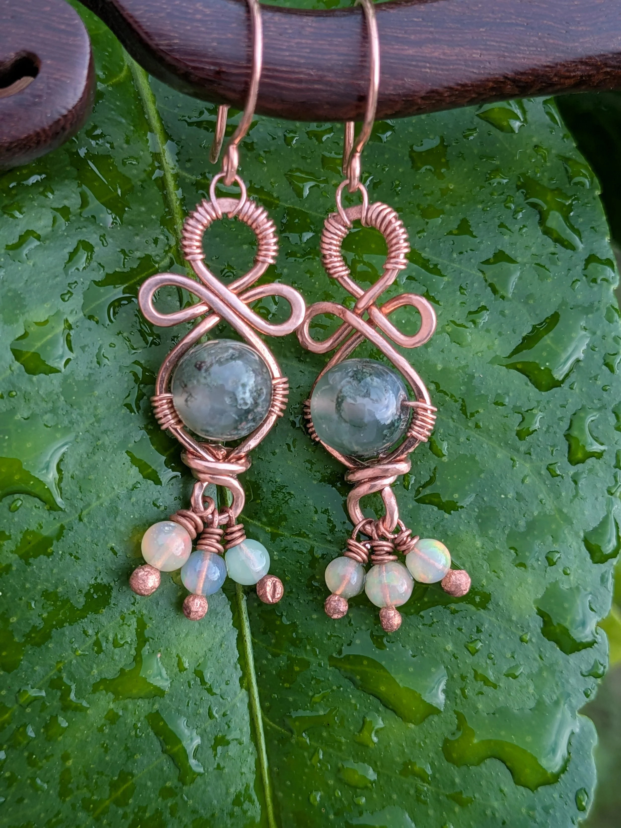 Earthy Moss Agate with Welo Opal Copper Earrings