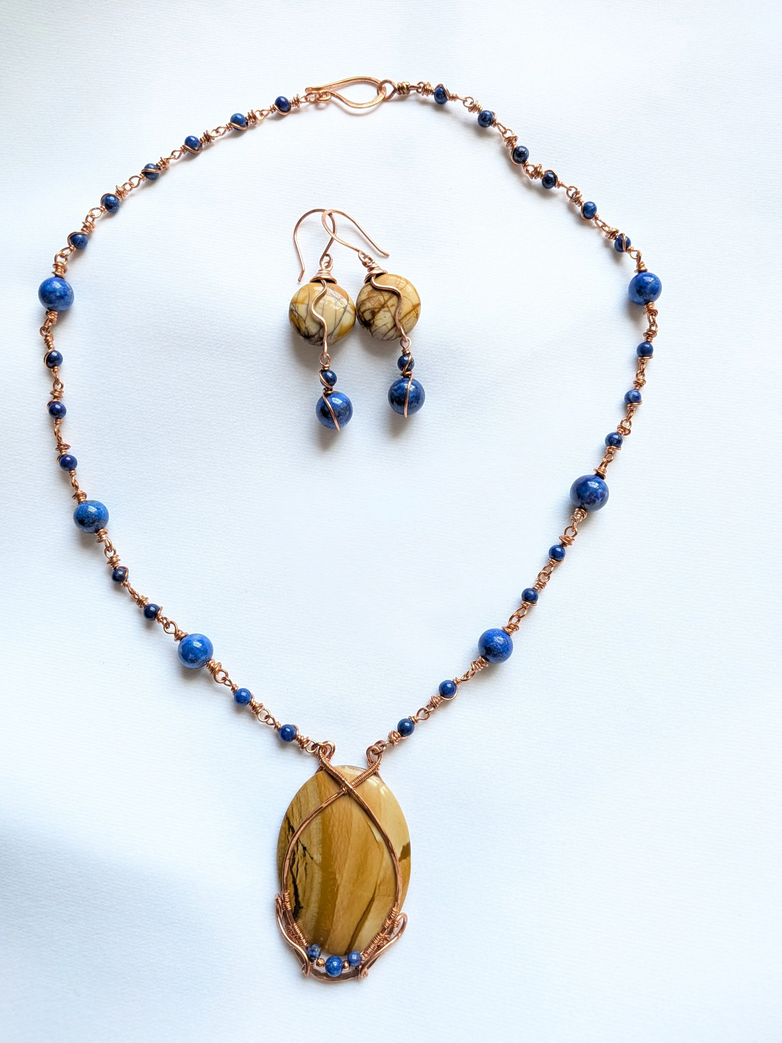 Lapis Lazuli Copper Chain Necklace with Picture Jasper Centerpiece - Matching Earrings