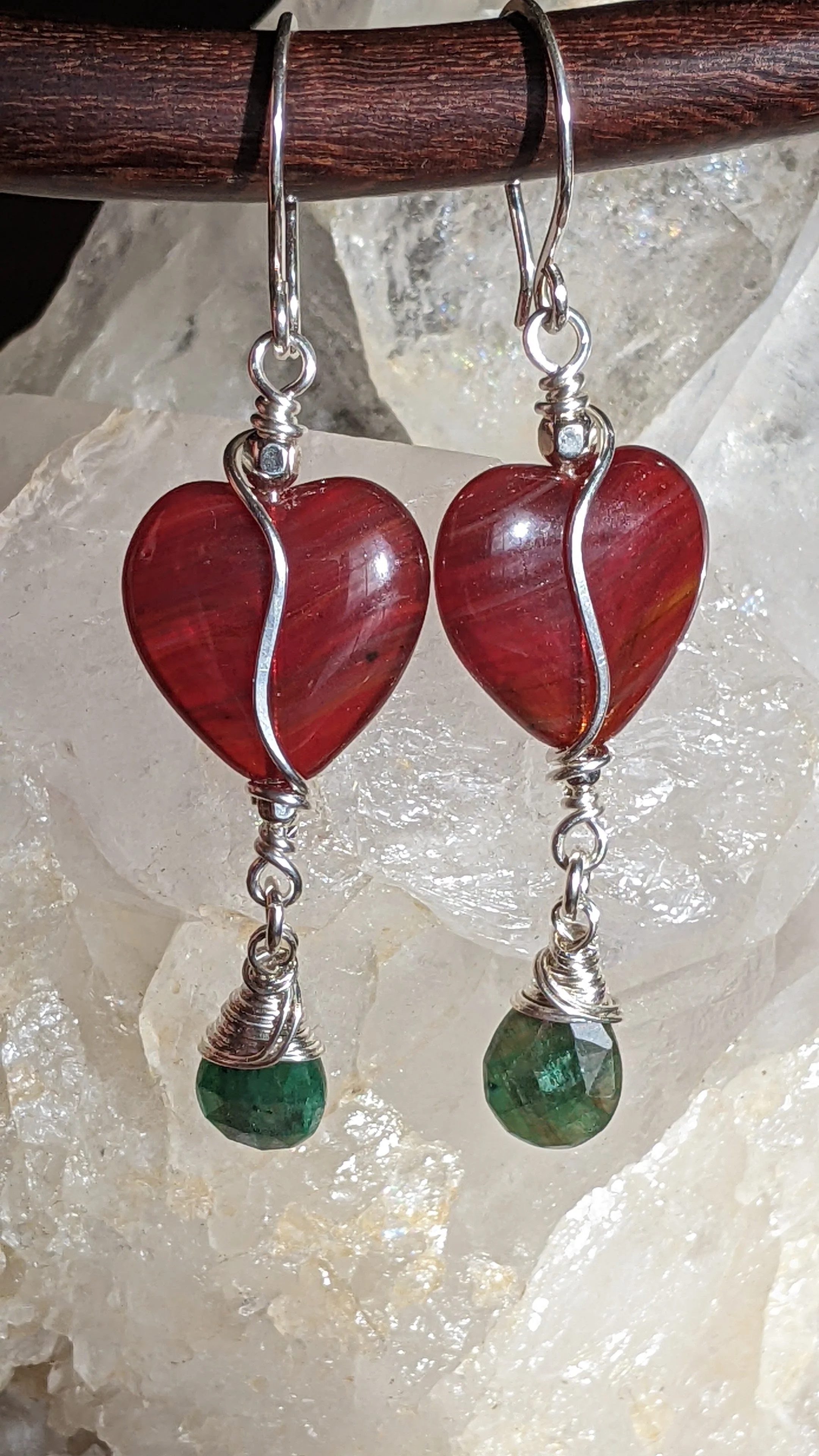 Sterling Silver Earrings with Emerald drops and Blown Glass Red Hearts