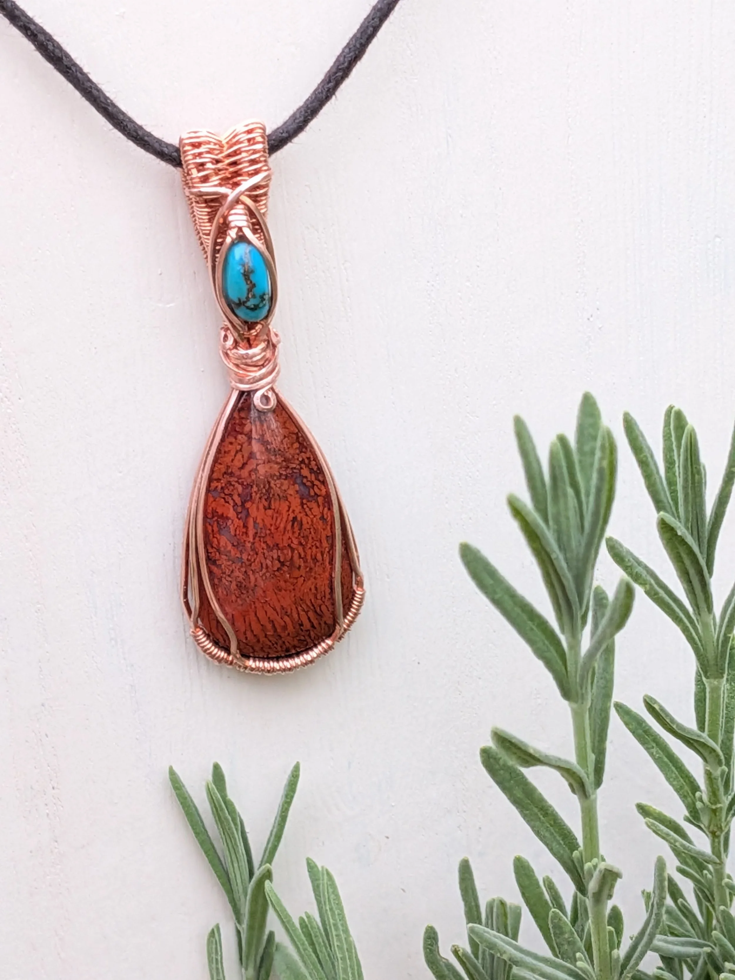 Red Plume Agate with Kingman Turquoise Accent Copper Framed Pendant