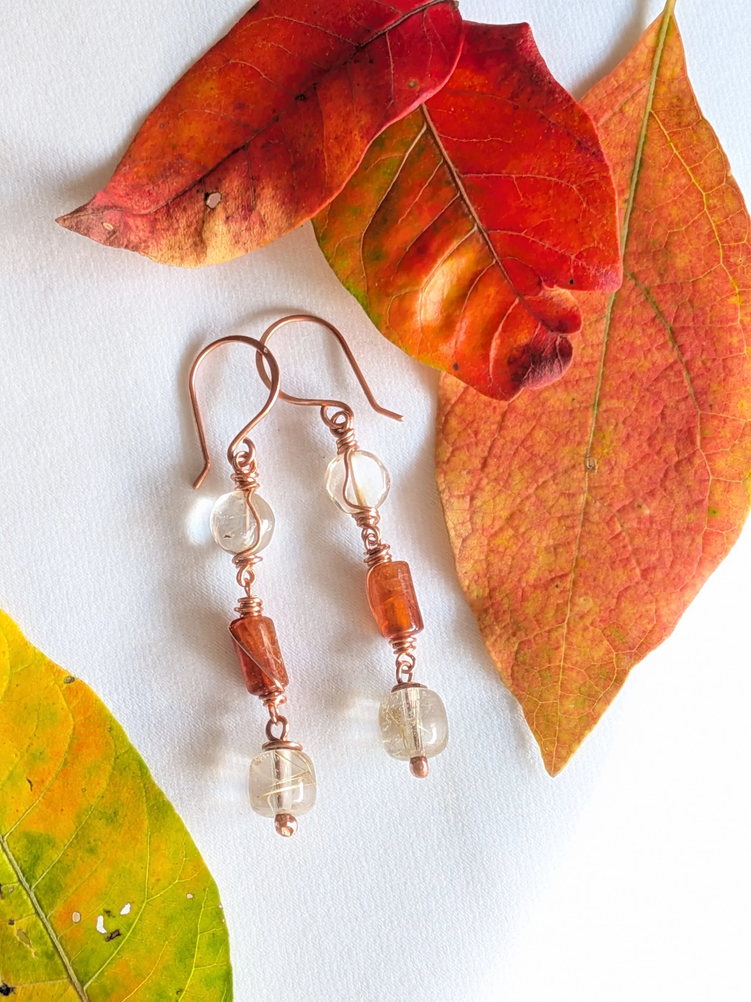 Spessartite Garnet and Rutilated Quartz Copper Wrapped Earrings
