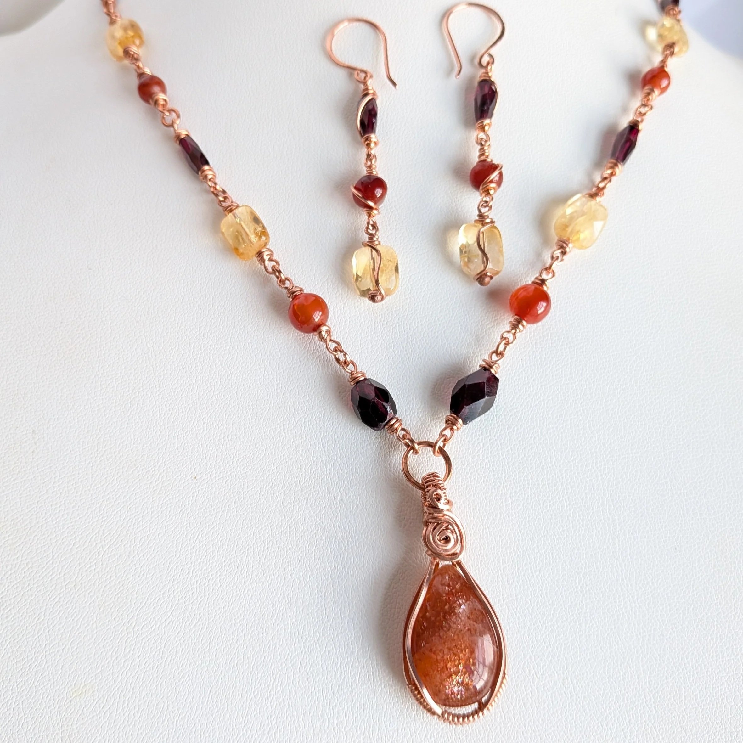 Copper Sunstone Pendant Necklace with Red Garnet, Carnelian and Citrine Gemstones with Matching Earrings Jewelry Set